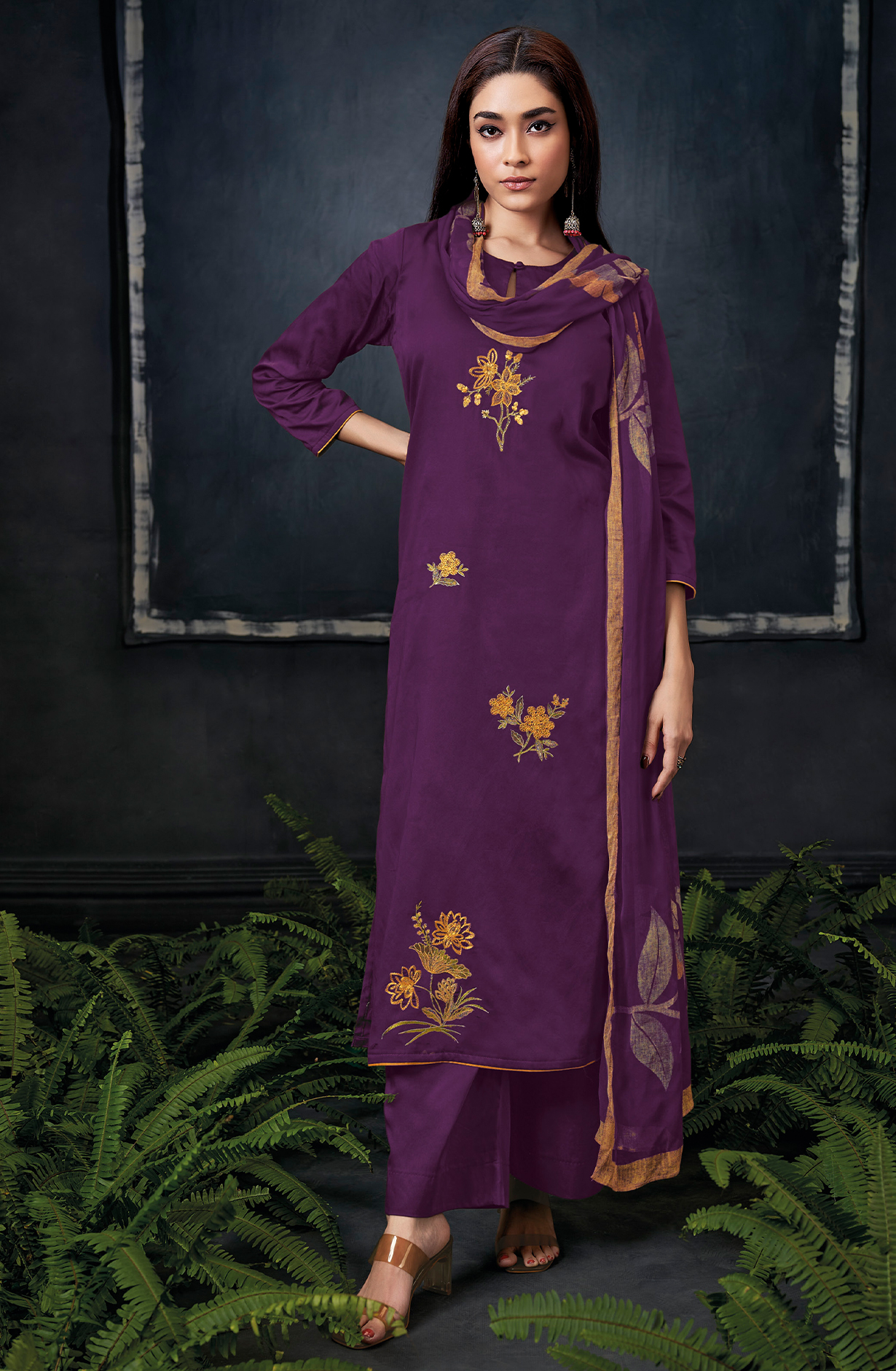 Purple Cotton Silk Festive Unstitched Suit with Chiffon Dupatta - ADES2333C