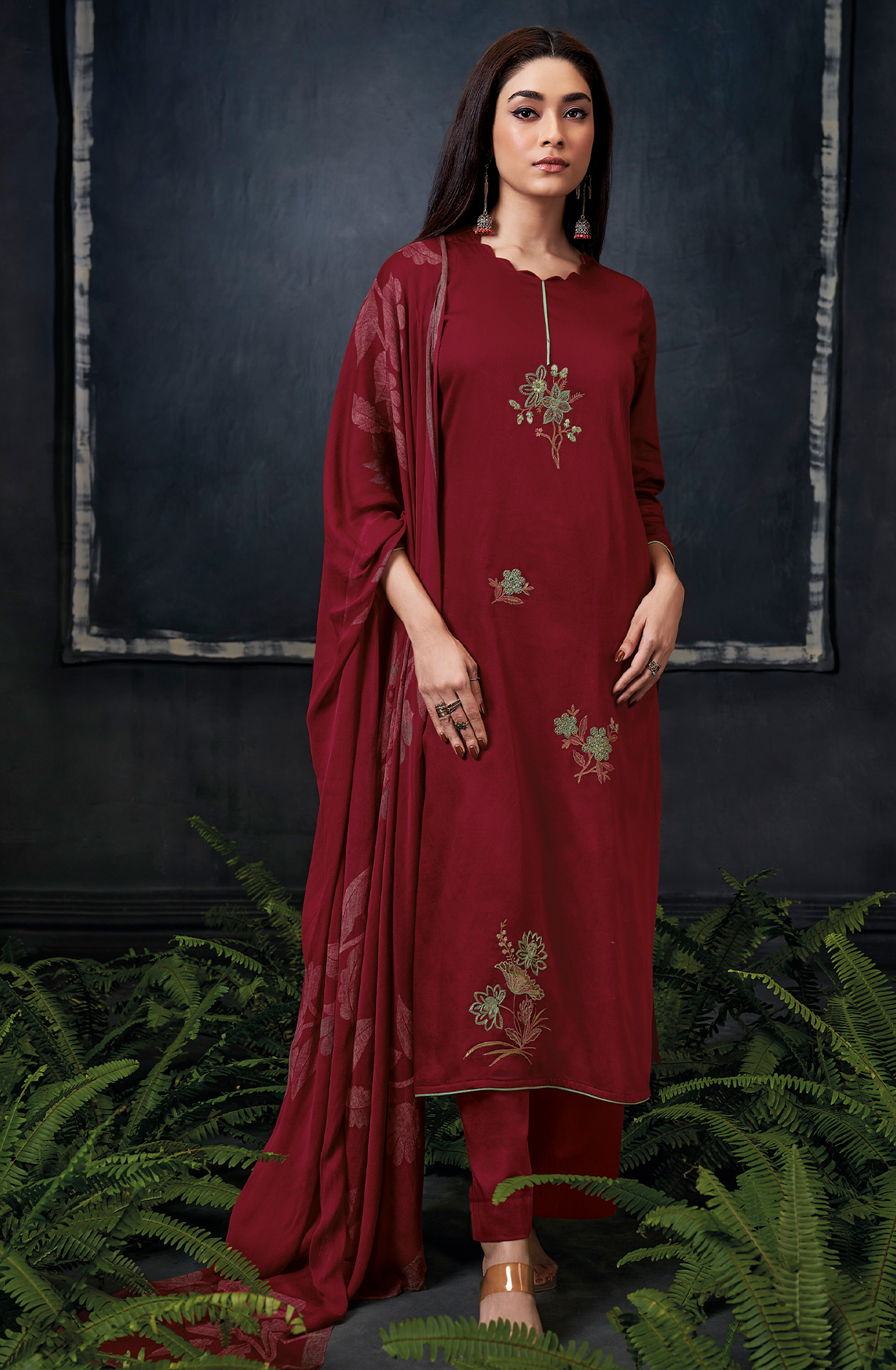 Maroon Cotton Silk Festive Unstitched Suit with Chiffon Dupatta - ADES2333D