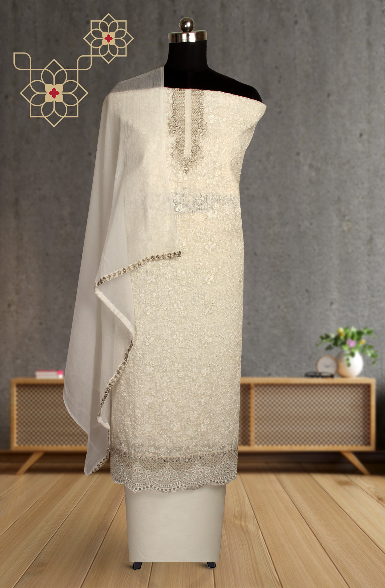 Exclusive Cream Kota Chikankari Embroidered Suit with Chiffon Dupatta - ADH1201A