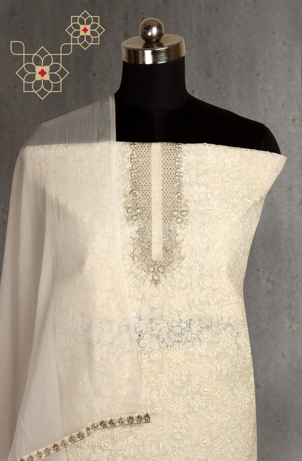 Exclusive Cream Kota Chikankari Embroidered Suit with Chiffon Dupatta - ADH1201A