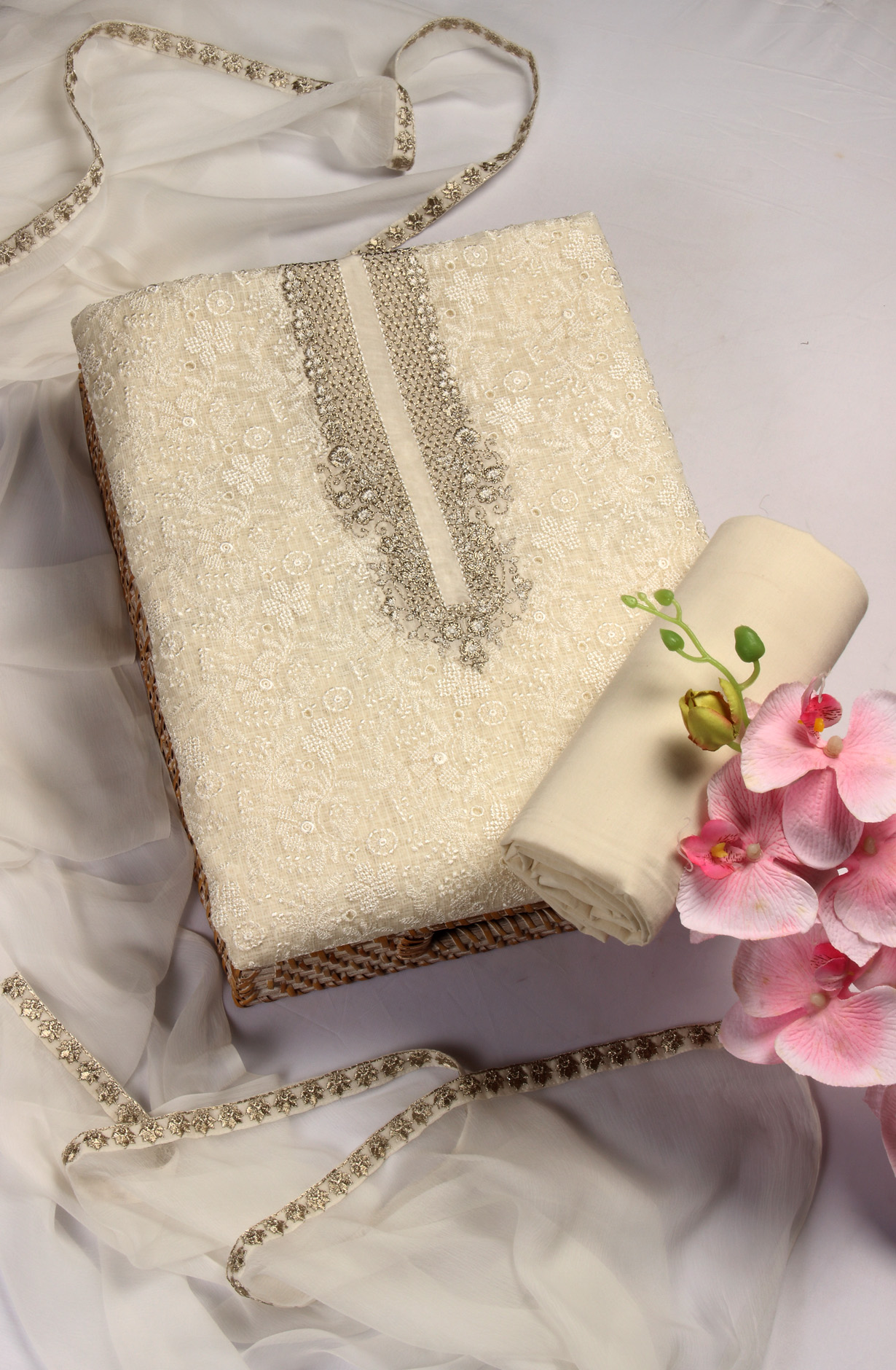 Exclusive Cream Kota Chikankari Embroidered Suit with Chiffon Dupatta - ADH1201A