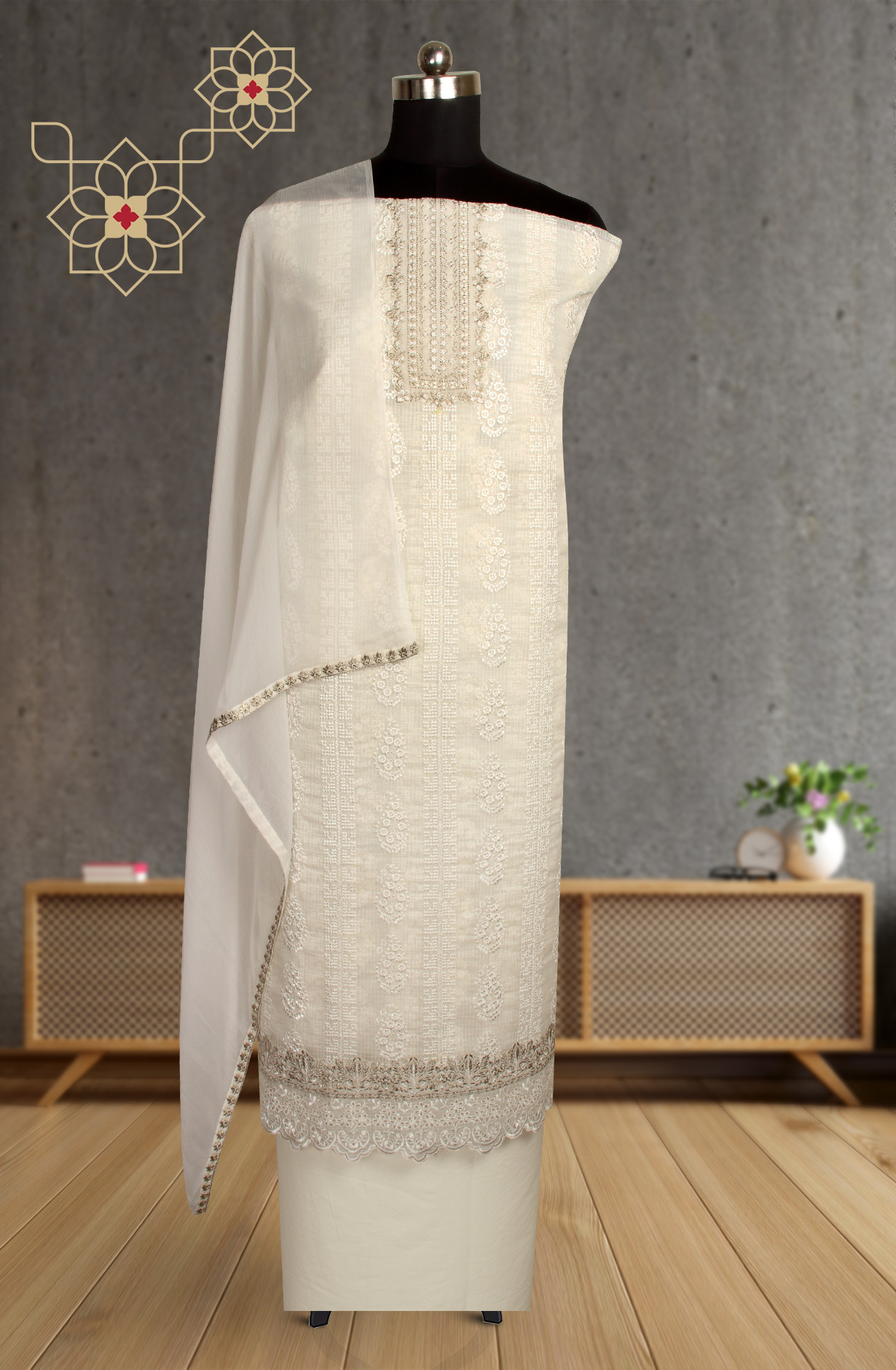 Exclusive Cream Kota Chikankari Embroidered Suit with Chiffon Dupatta - ADH1201B