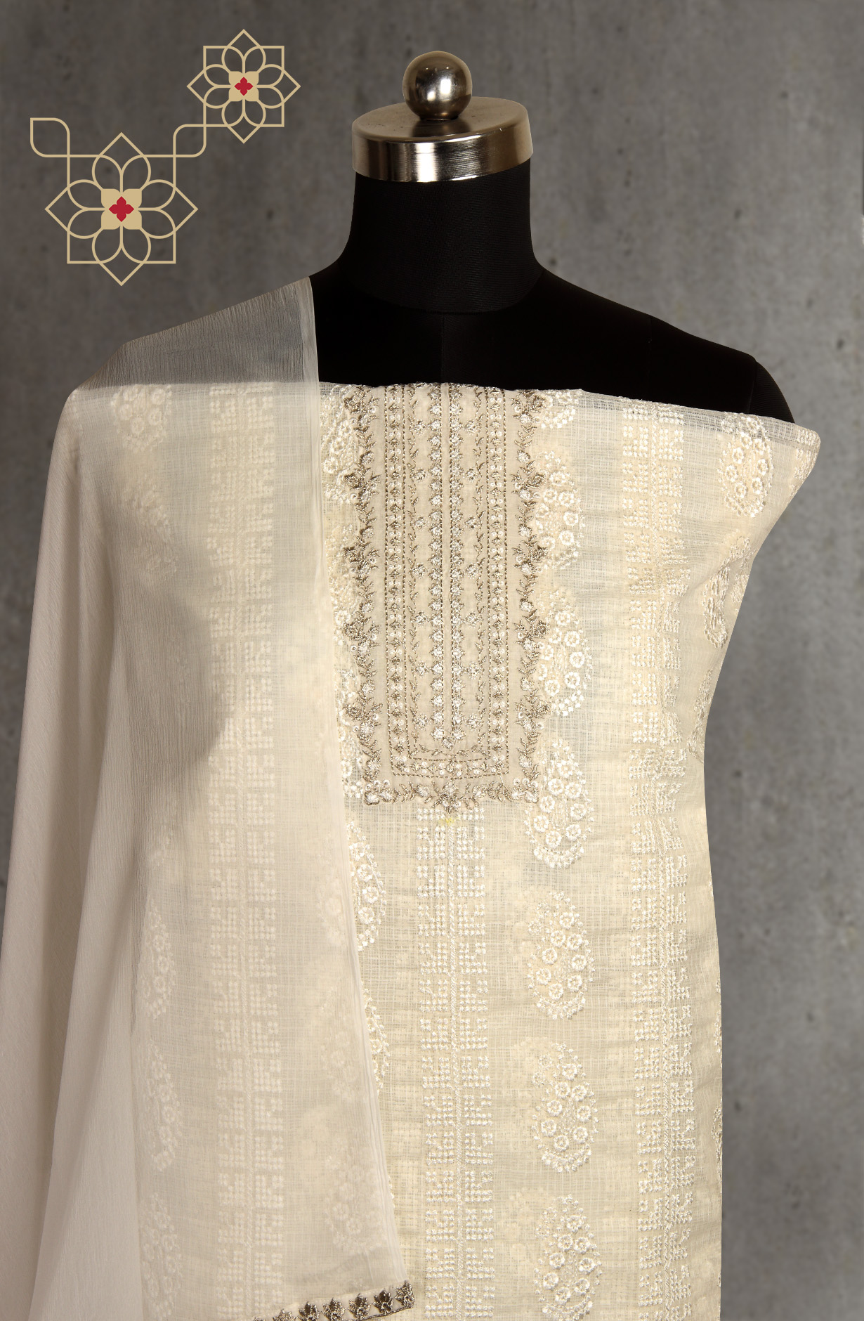 Exclusive Cream Kota Chikankari Embroidered Suit with Chiffon Dupatta - ADH1201B