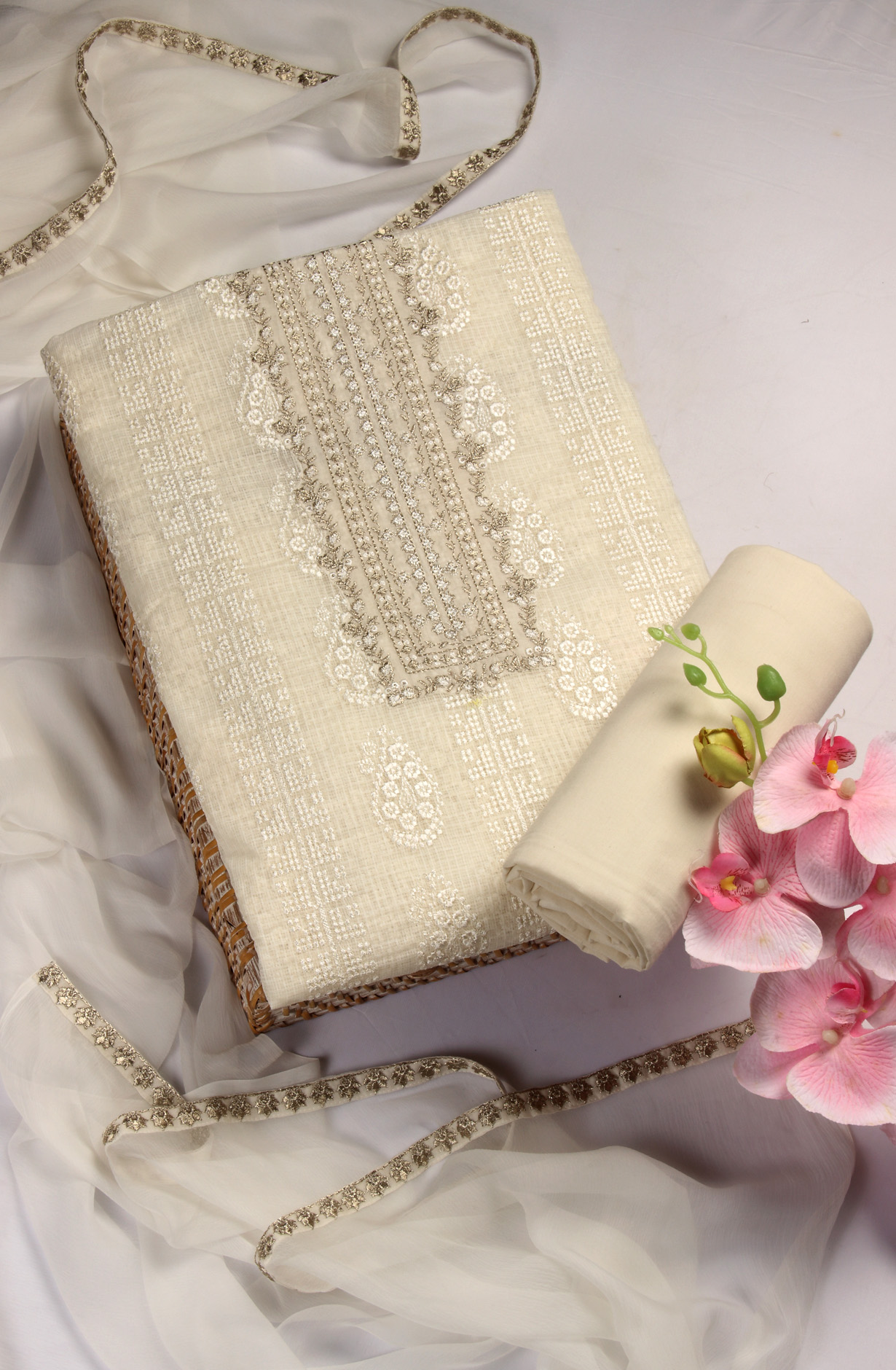 Exclusive Cream Kota Chikankari Embroidered Suit with Chiffon Dupatta - ADH1201B