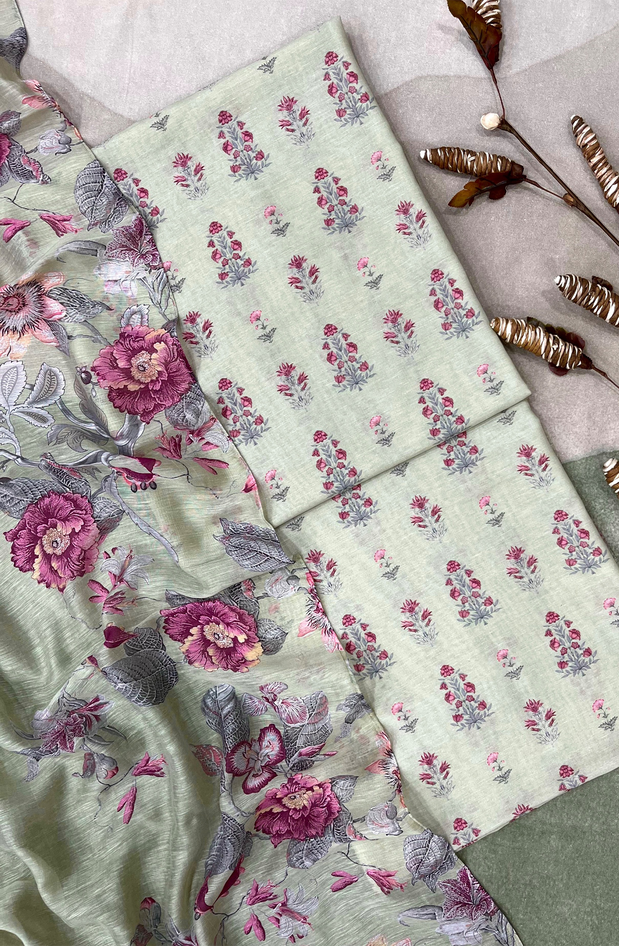 Green Linen Digital Print Unstitched Salwar Suit Dupatta - ADH1301A