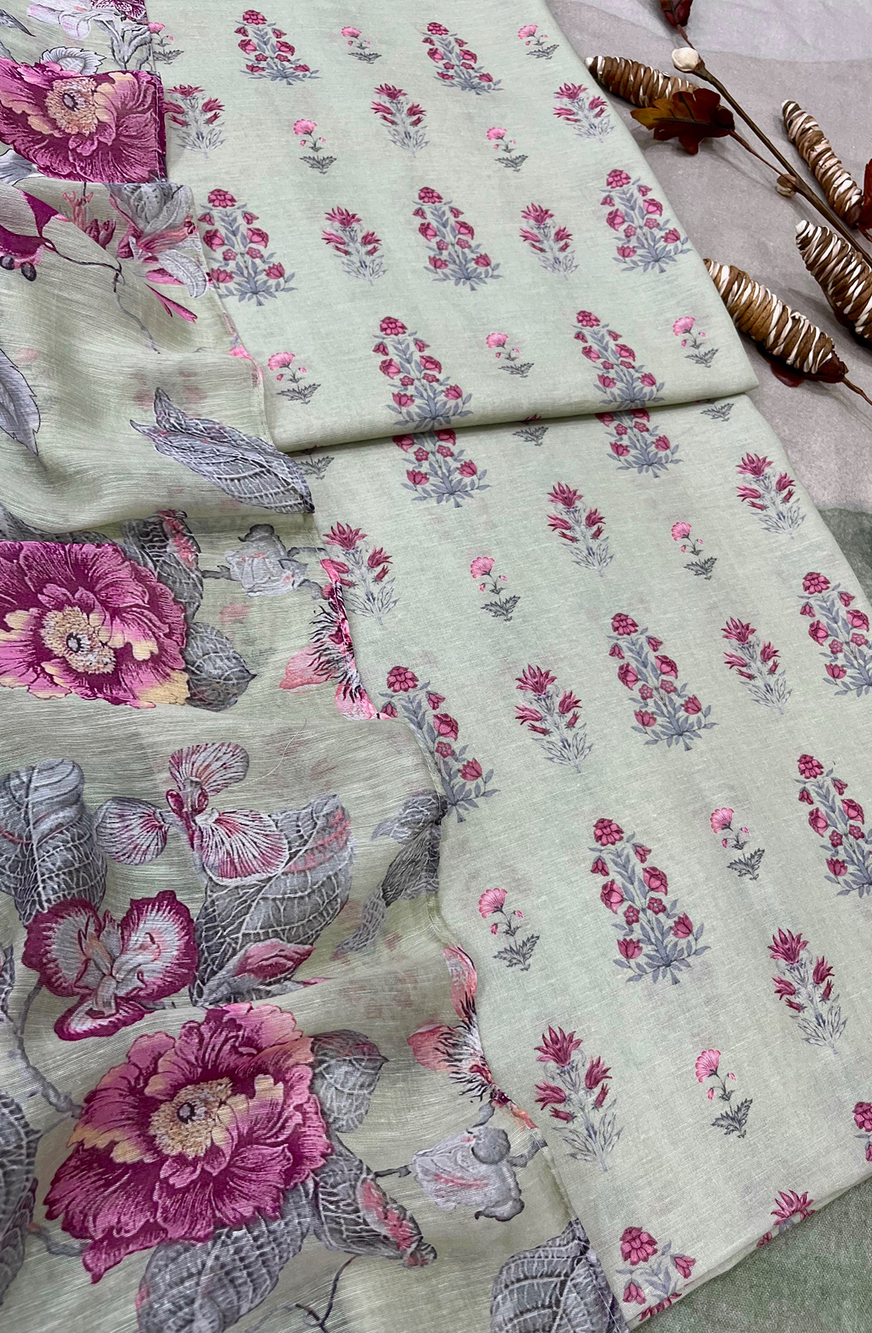 Green Linen Digital Print Unstitched Salwar Suit Dupatta - ADH1301A