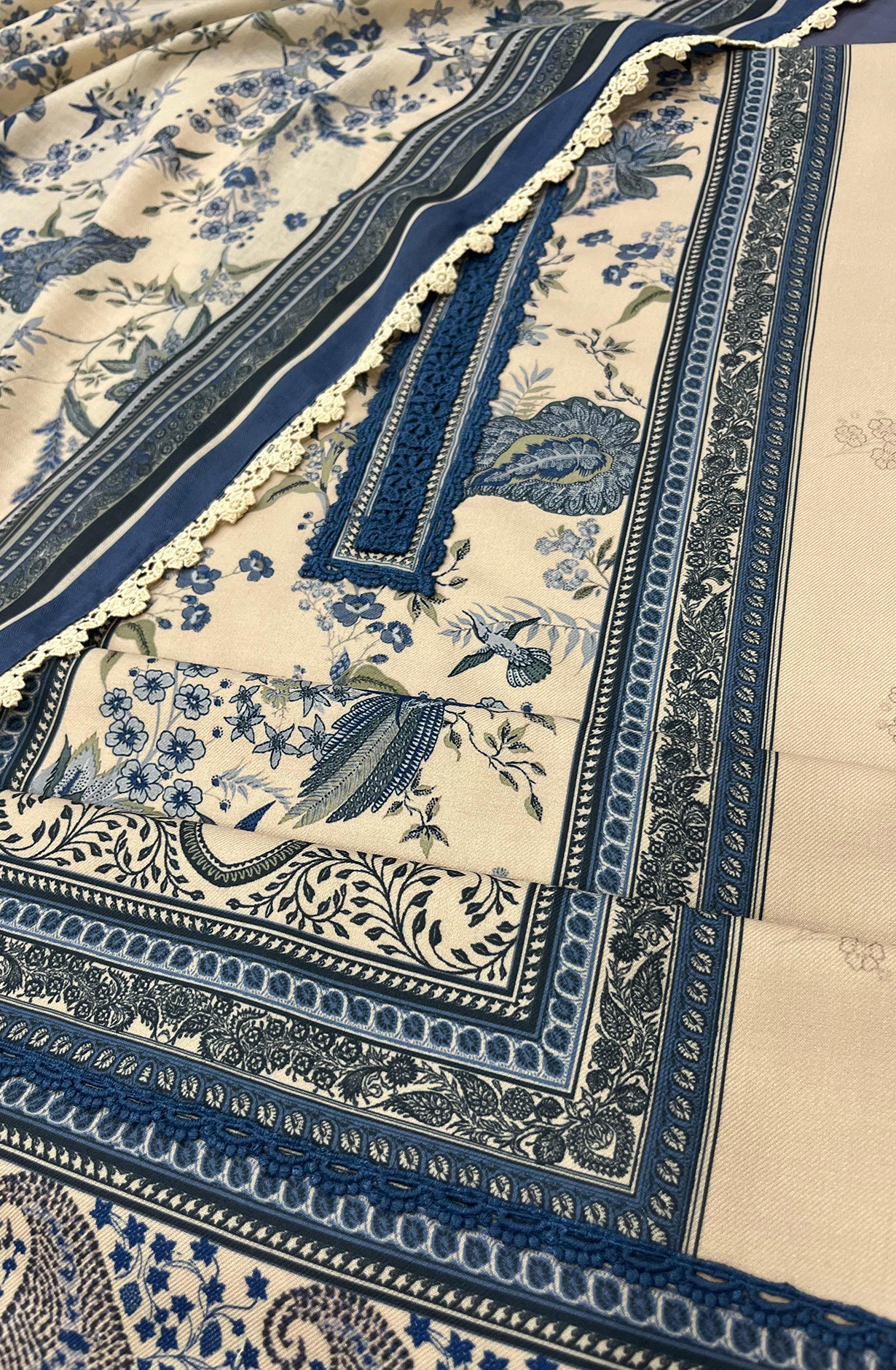 Blue Pashmina with digital print  lace work- AFA1501B