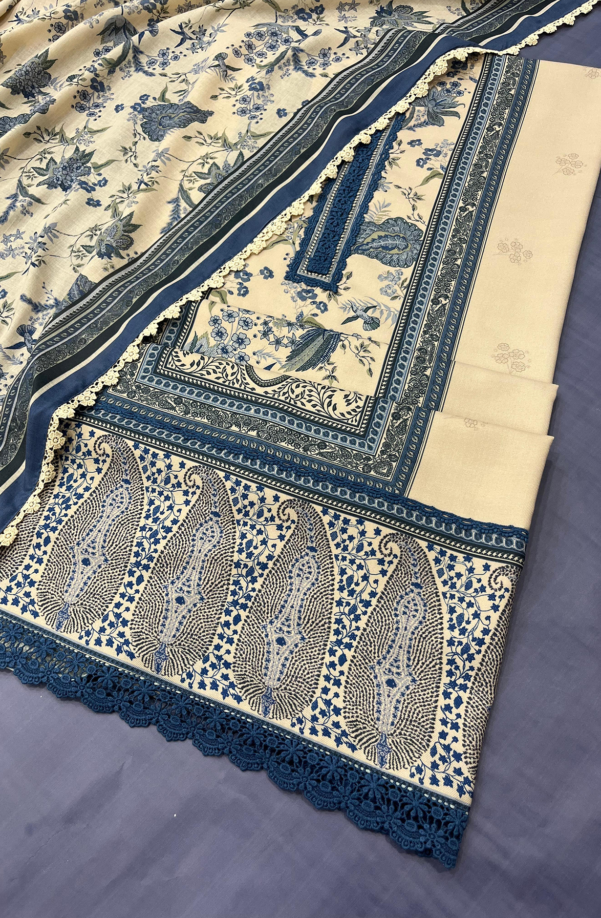 Blue Pashmina with digital print lace work- AFA1501B