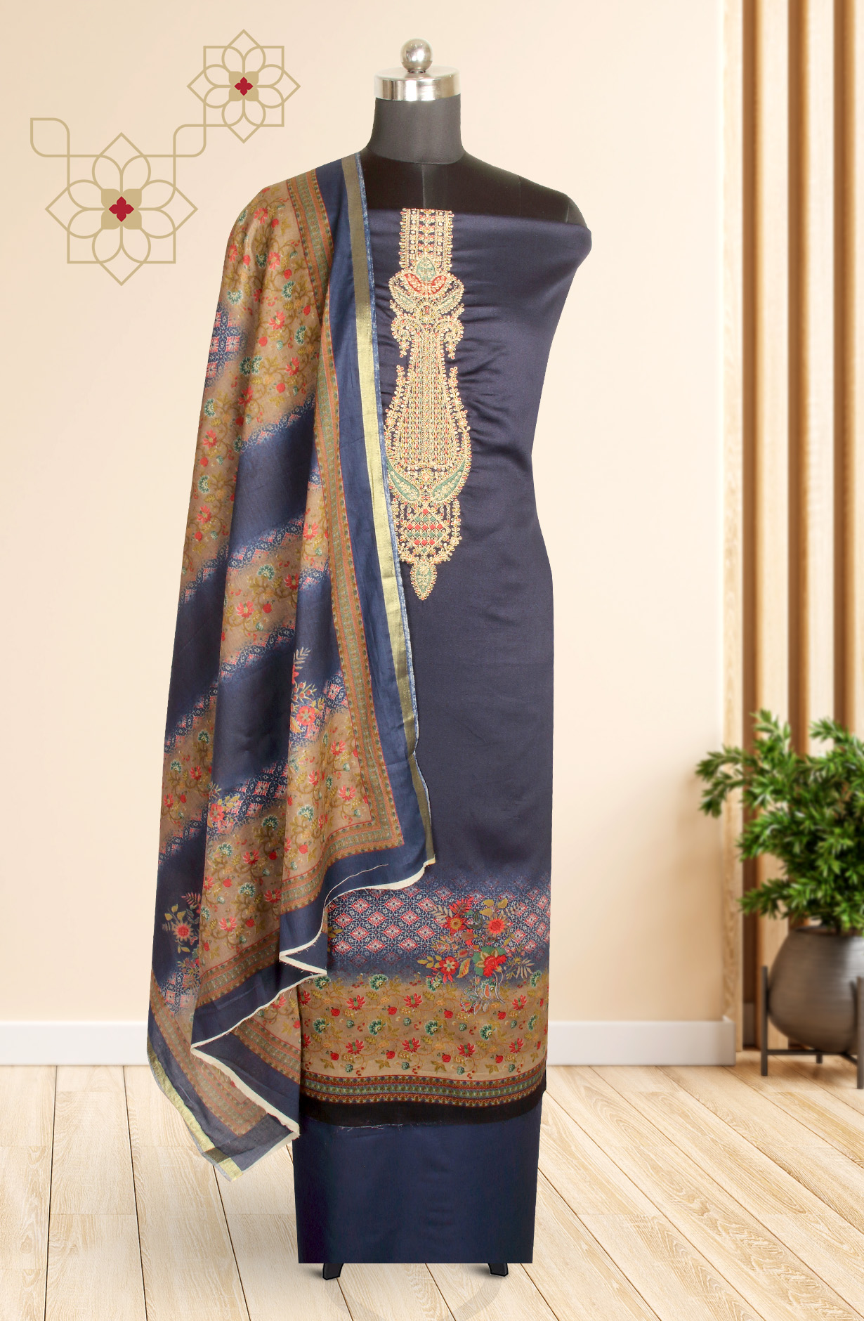 Blue Printed Unstitched Cotton Salwar Kameez - AFS14001