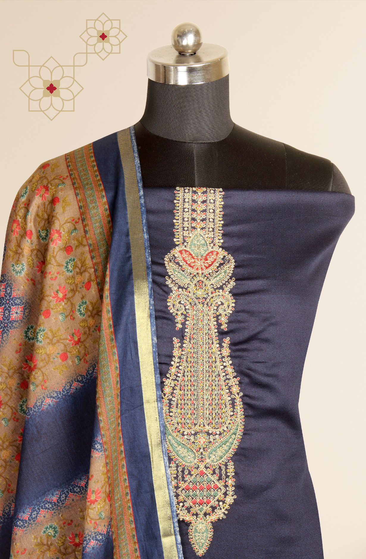 Blue Printed Unstitched Cotton Salwar Kameez - AFS14001