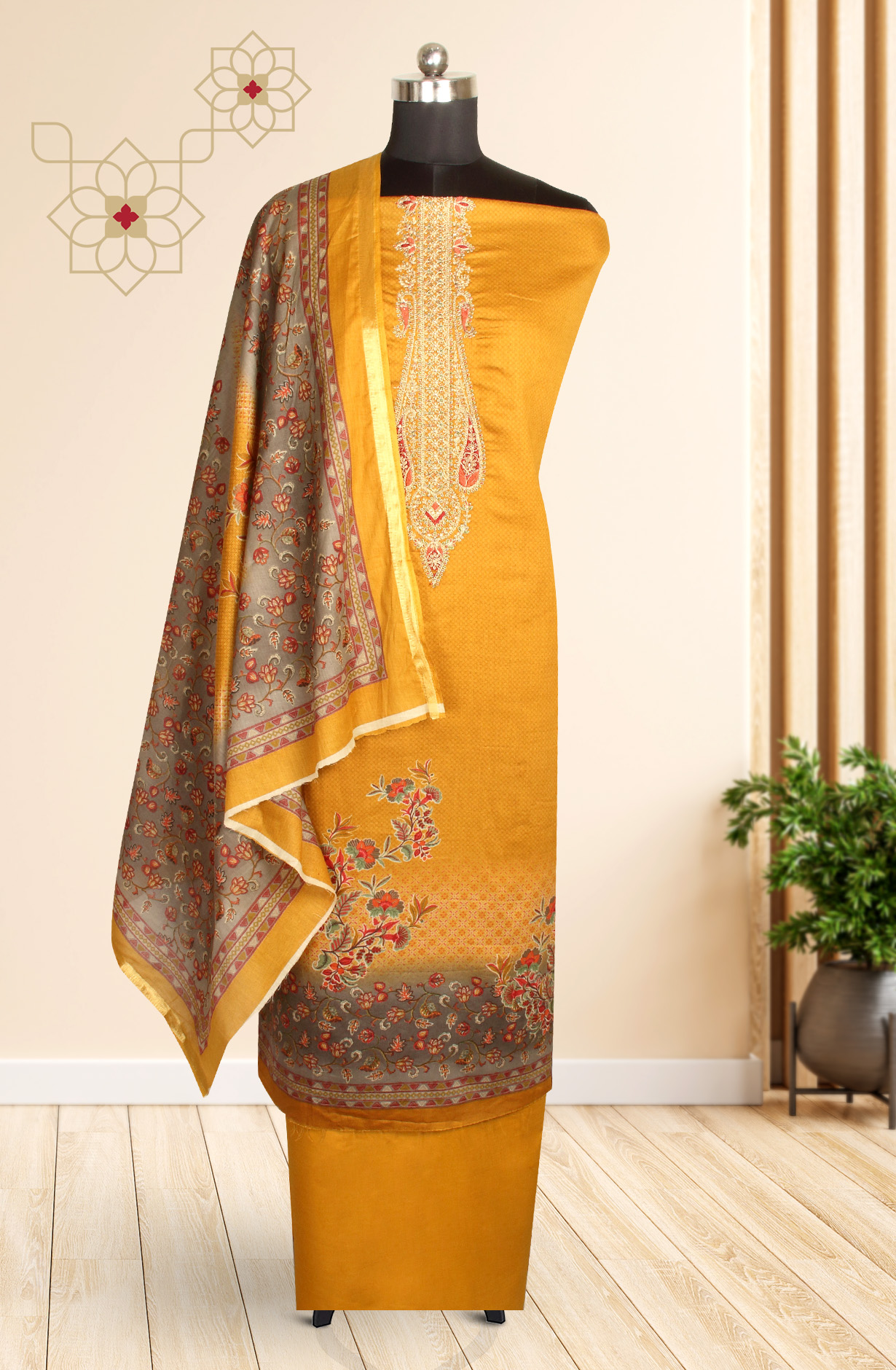 Mustard Printed Unstitched Cotton Salwar Kameez - AFS14003