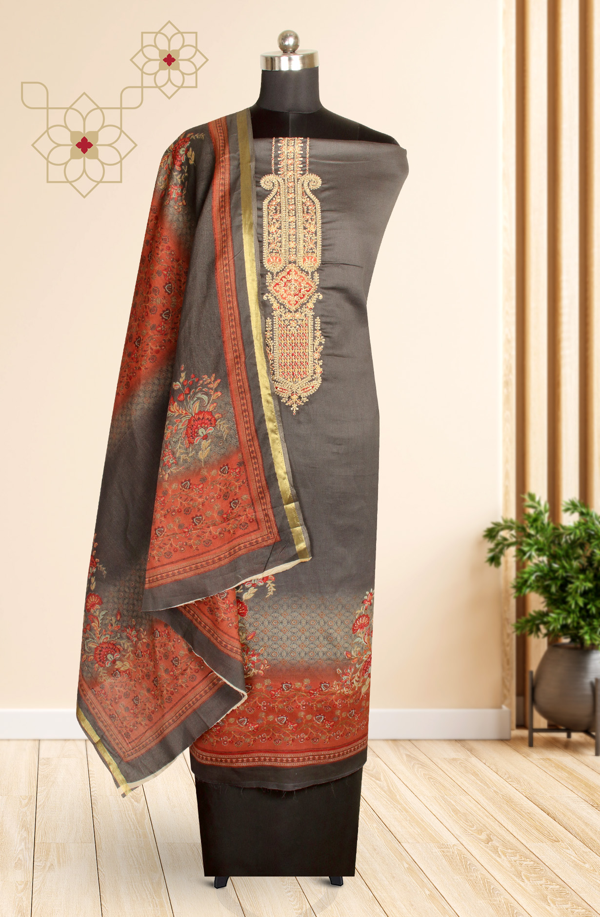 Olive Green Printed Unstitched Cotton Salwar Kameez - AFS14006