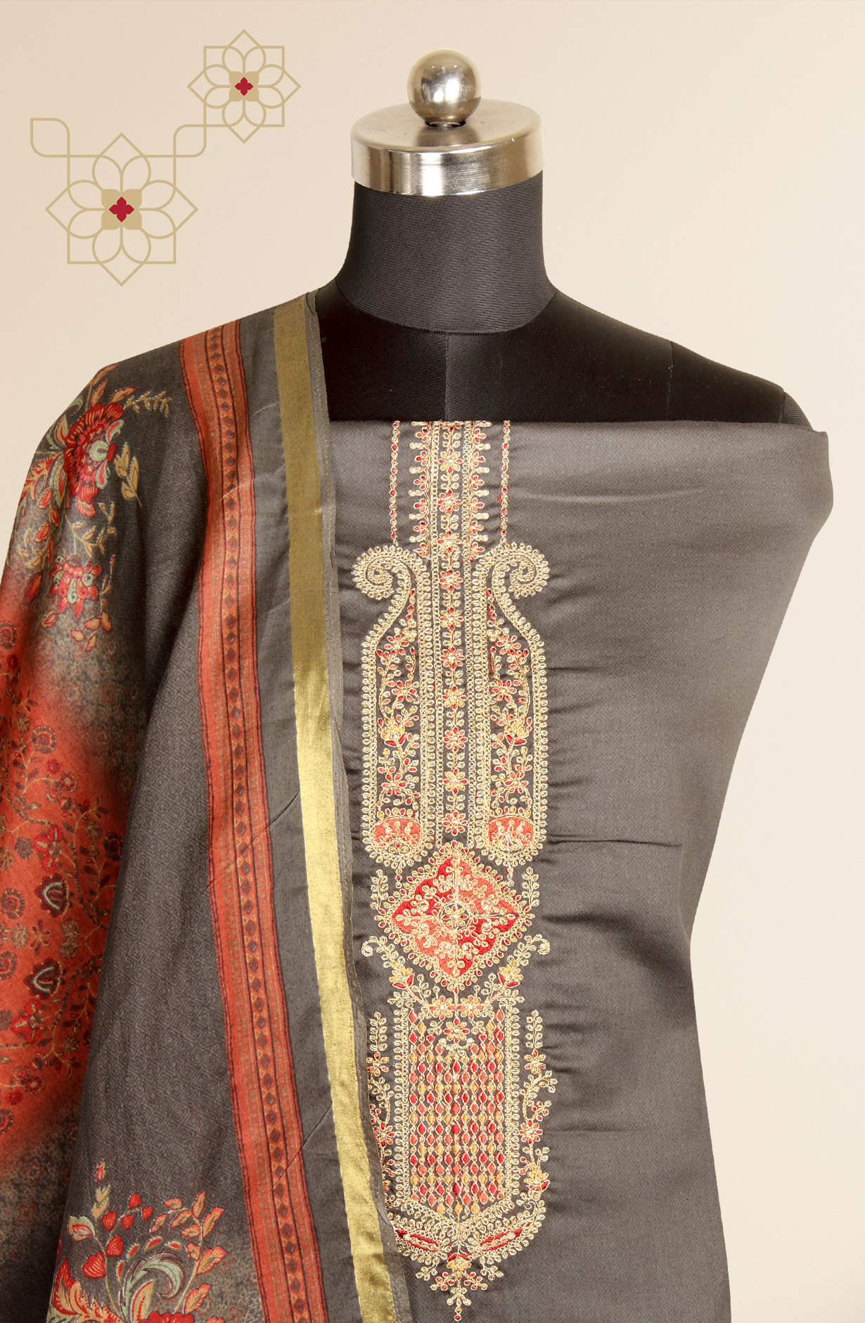 Olive Green Printed Unstitched Cotton Salwar Kameez - AFS14006