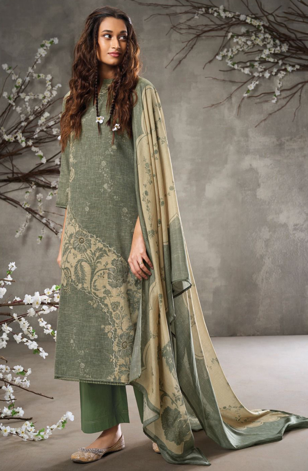 Green Digital Printed Linen Suit with Dupatta -AGAS2887A