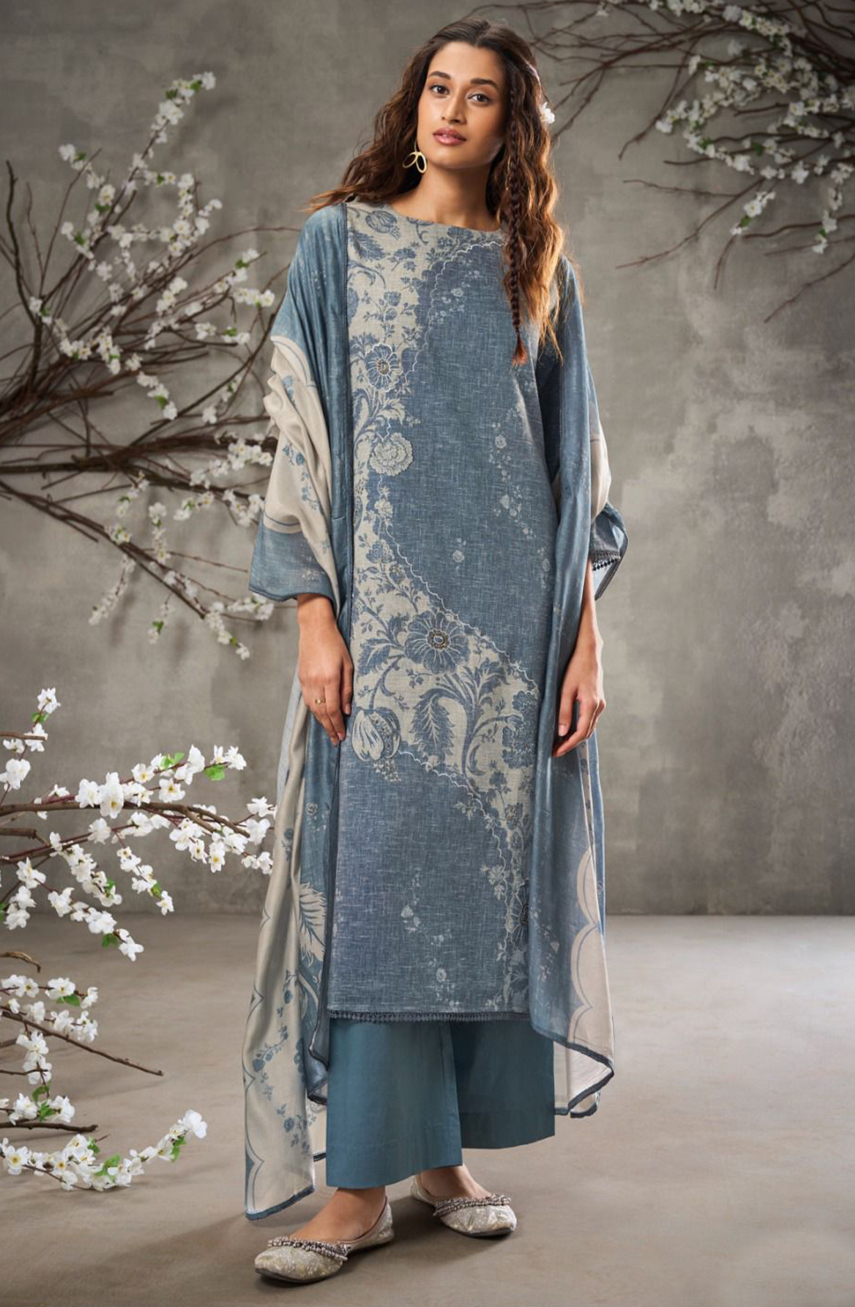 Blue Digital Printed Linen Suit with Dupatta -AGAS2887C