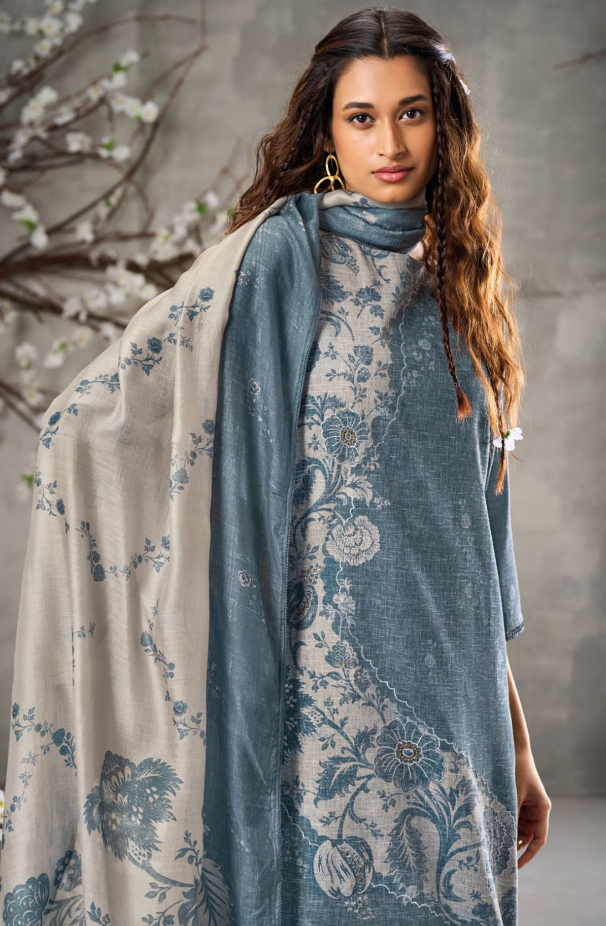 Blue Digital Printed Linen Suit with Dupatta -AGAS2887C