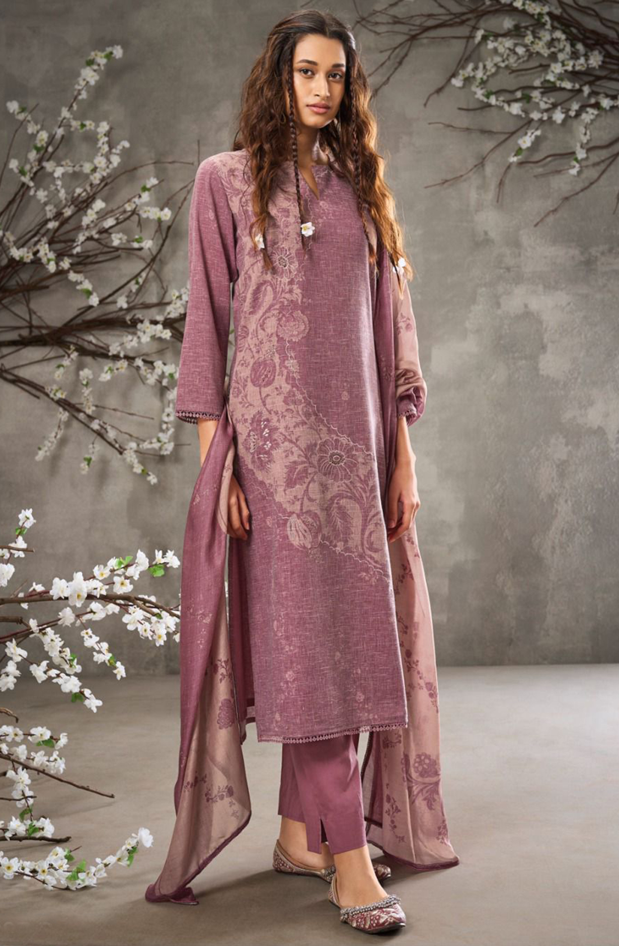 Purple Digital Printed Linen Suit with Dupatta - AGAS2887D