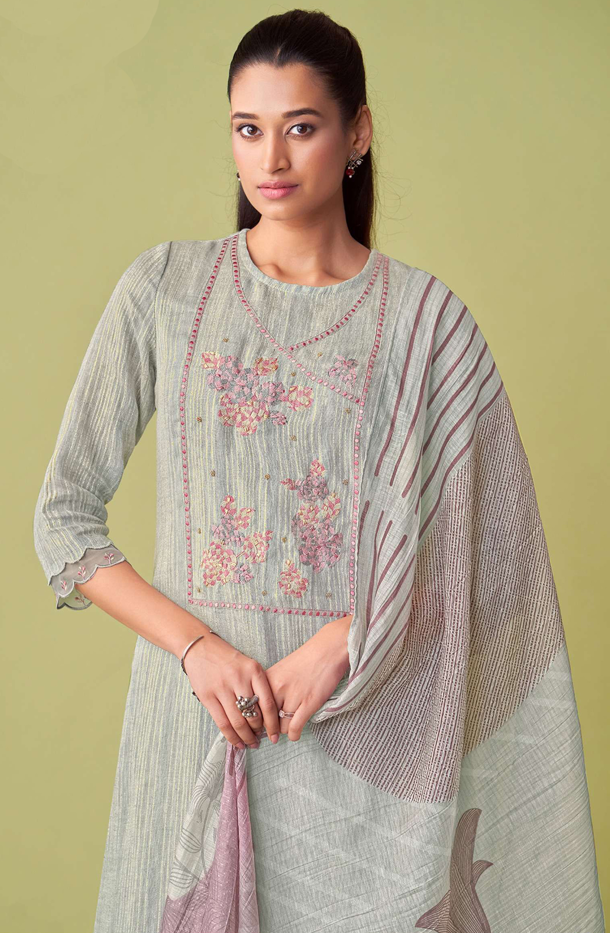 Grey Linen Beautiful Suit Set with Dupatta - AHAN820
