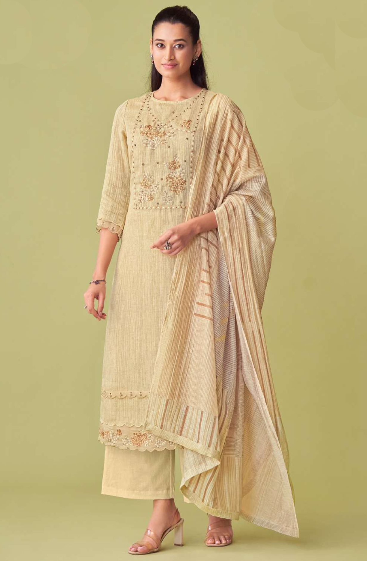 Cream Linen Beautiful Suit Set with Dupatta - AHAN825