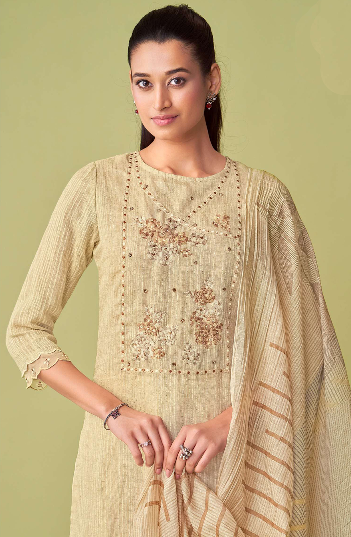 Cream Linen Beautiful Suit Set with Dupatta - AHAN825