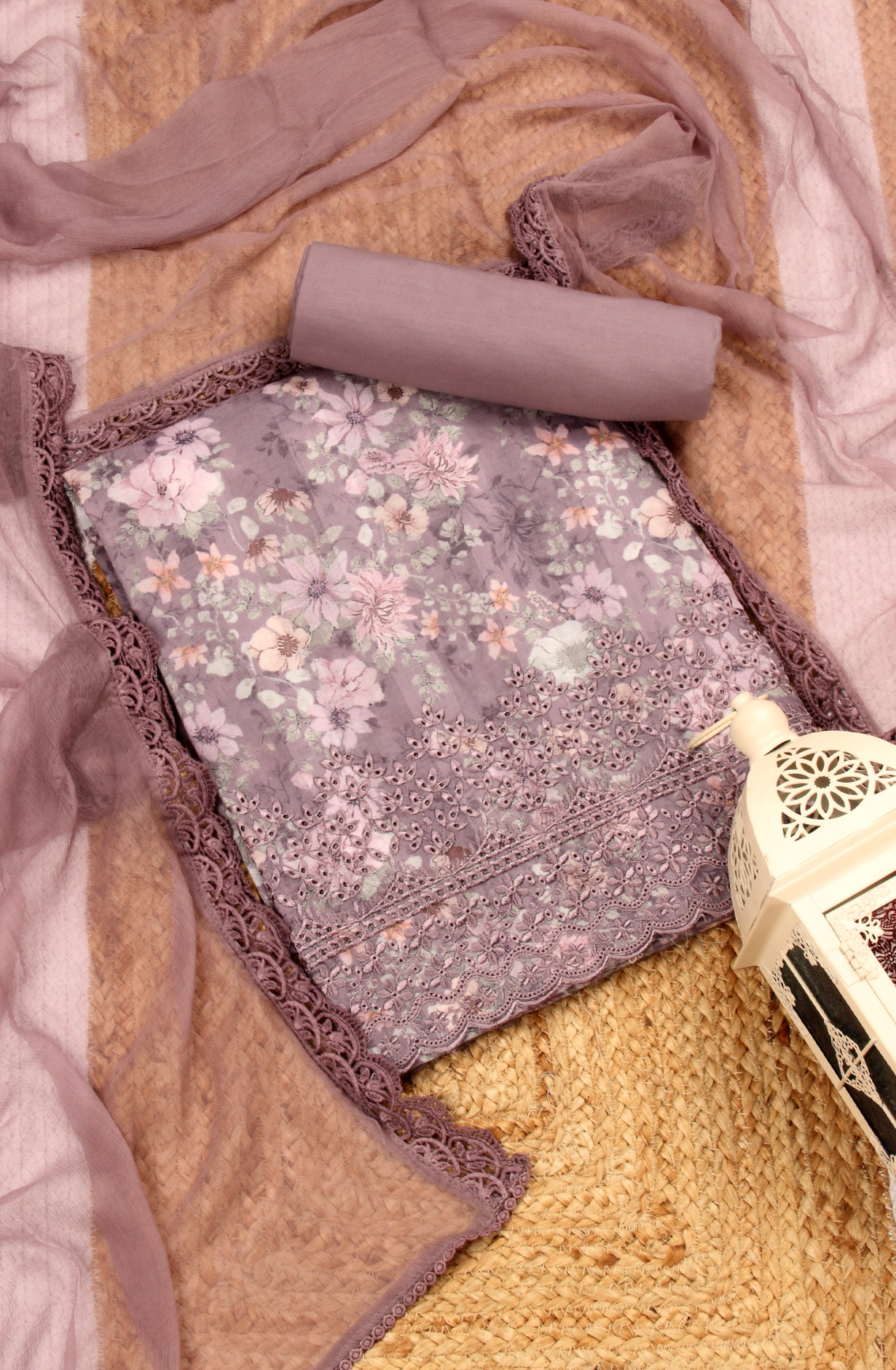 Purple Exclusive Cotton Suit-sets with Chiffon Dupatta - AIS1401B