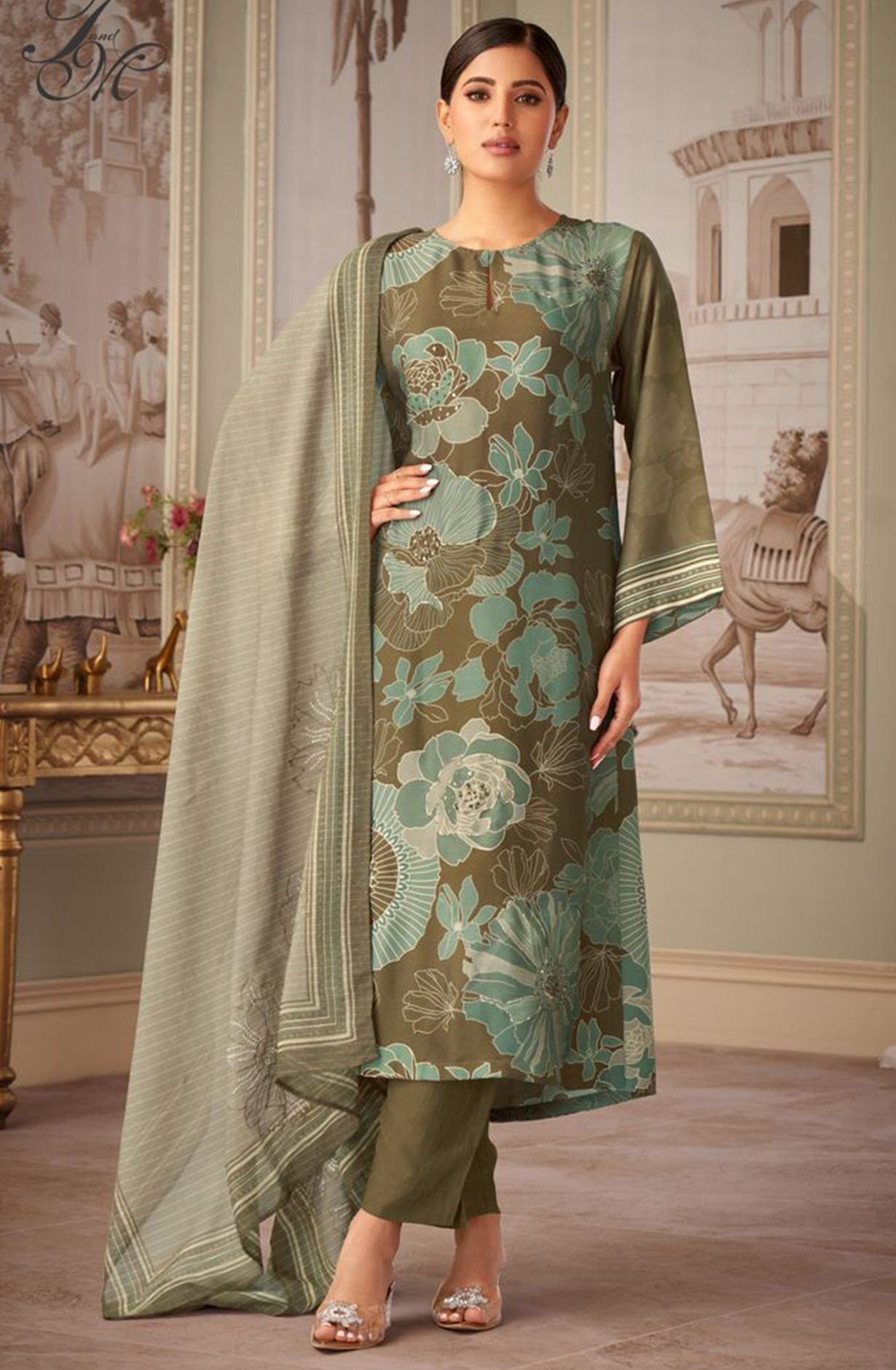 Mehndi Green Beautiful Suit with Organza Dupatta - AIS1575