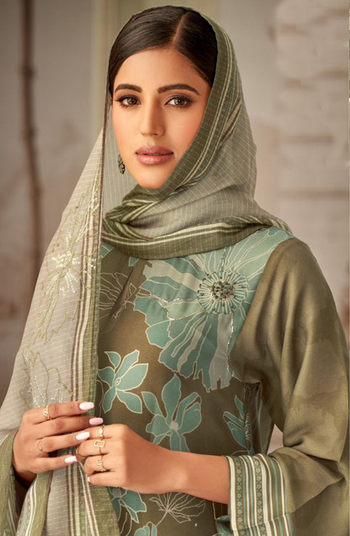 Mehndi Green Beautiful Suit with Organza Dupatta - AIS1575