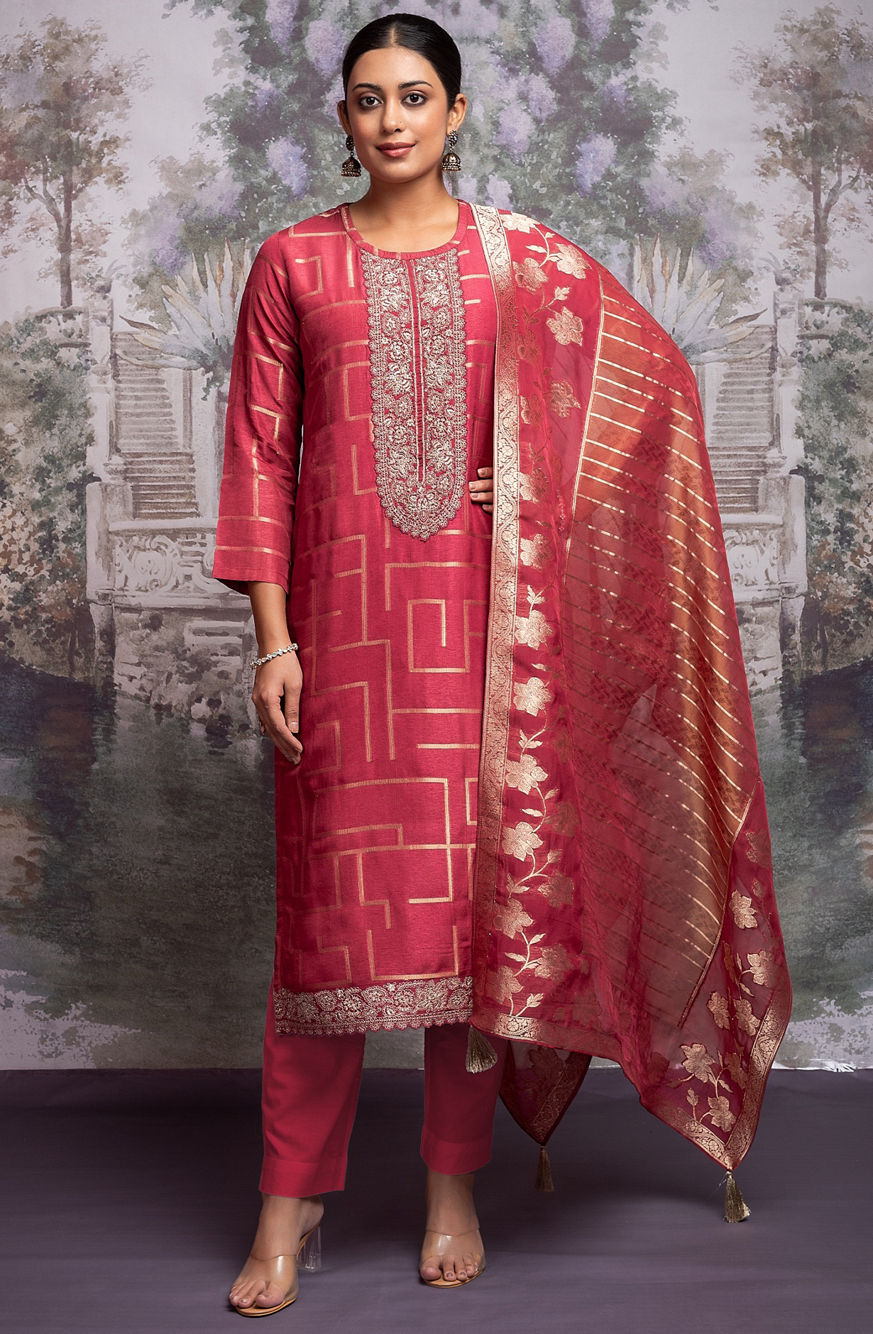 Red Pure Silk Jacquard with Embroidery Suit Set - AIS2275A