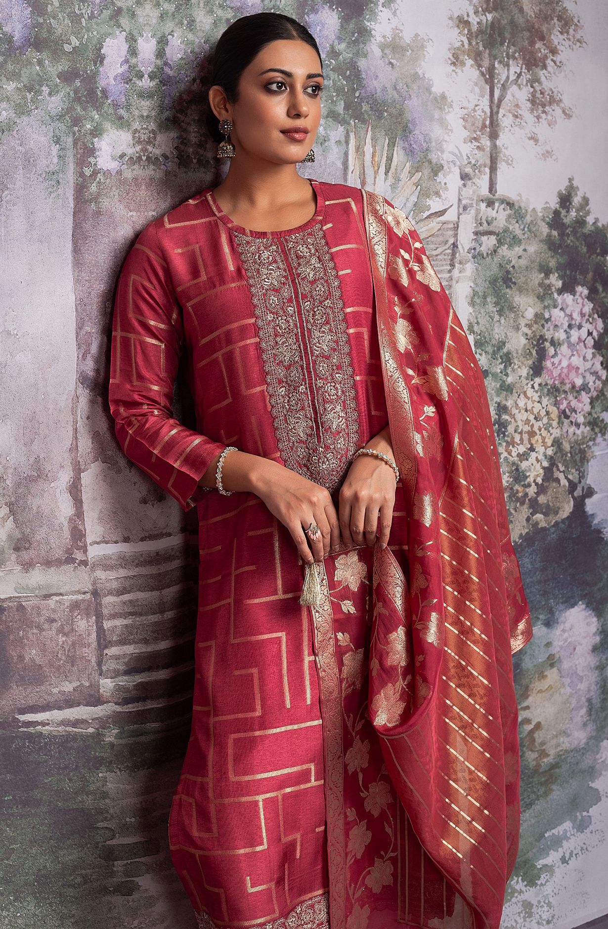 Red Pure Silk Jacquard with Embroidery Suit Set - AIS2275A