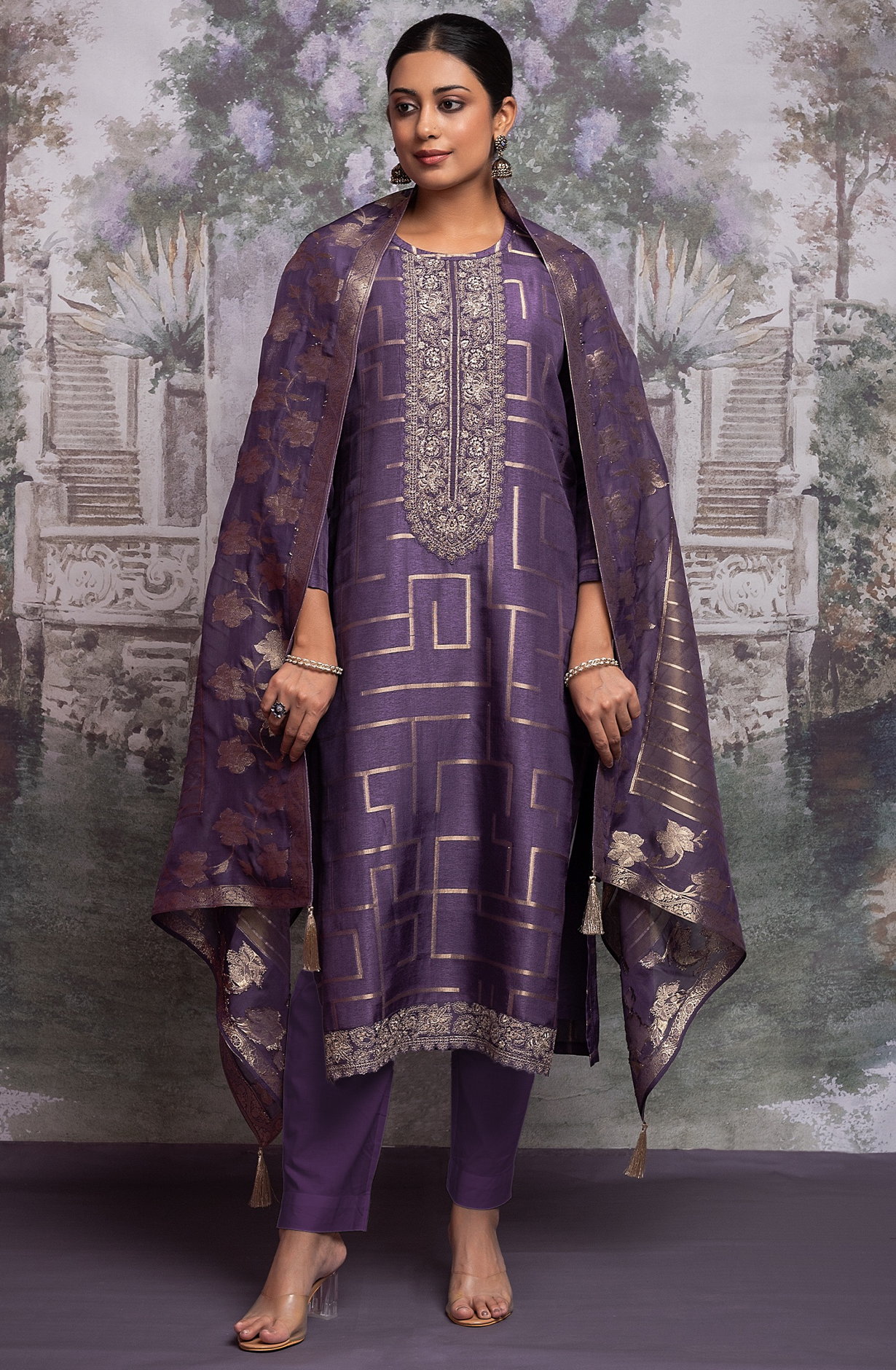 Purple Pure Silk Jacquard with Embroidery Suit Set - AIS2275B