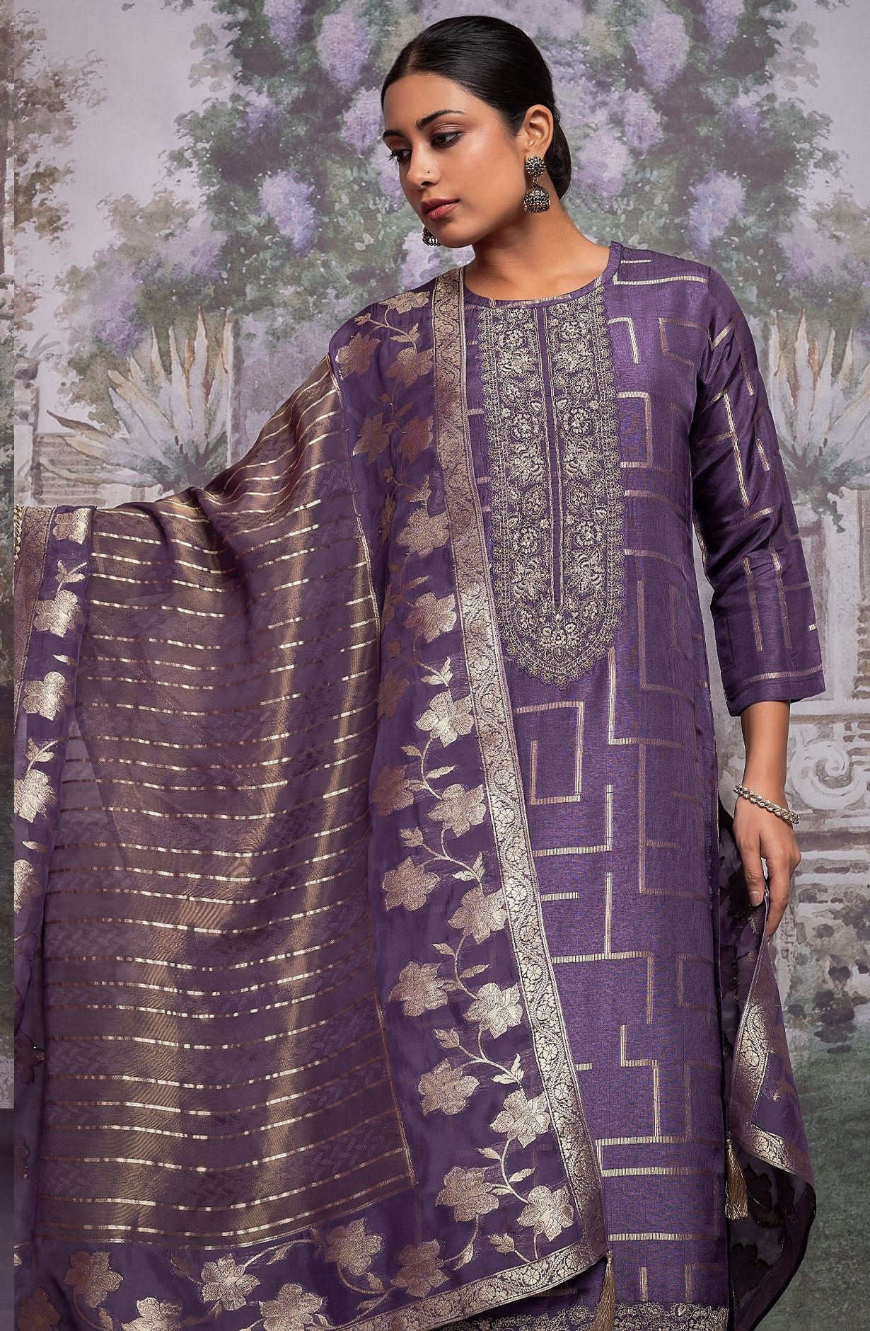 Purple Pure Silk Jacquard with Embroidery Suit Set - AIS2275B