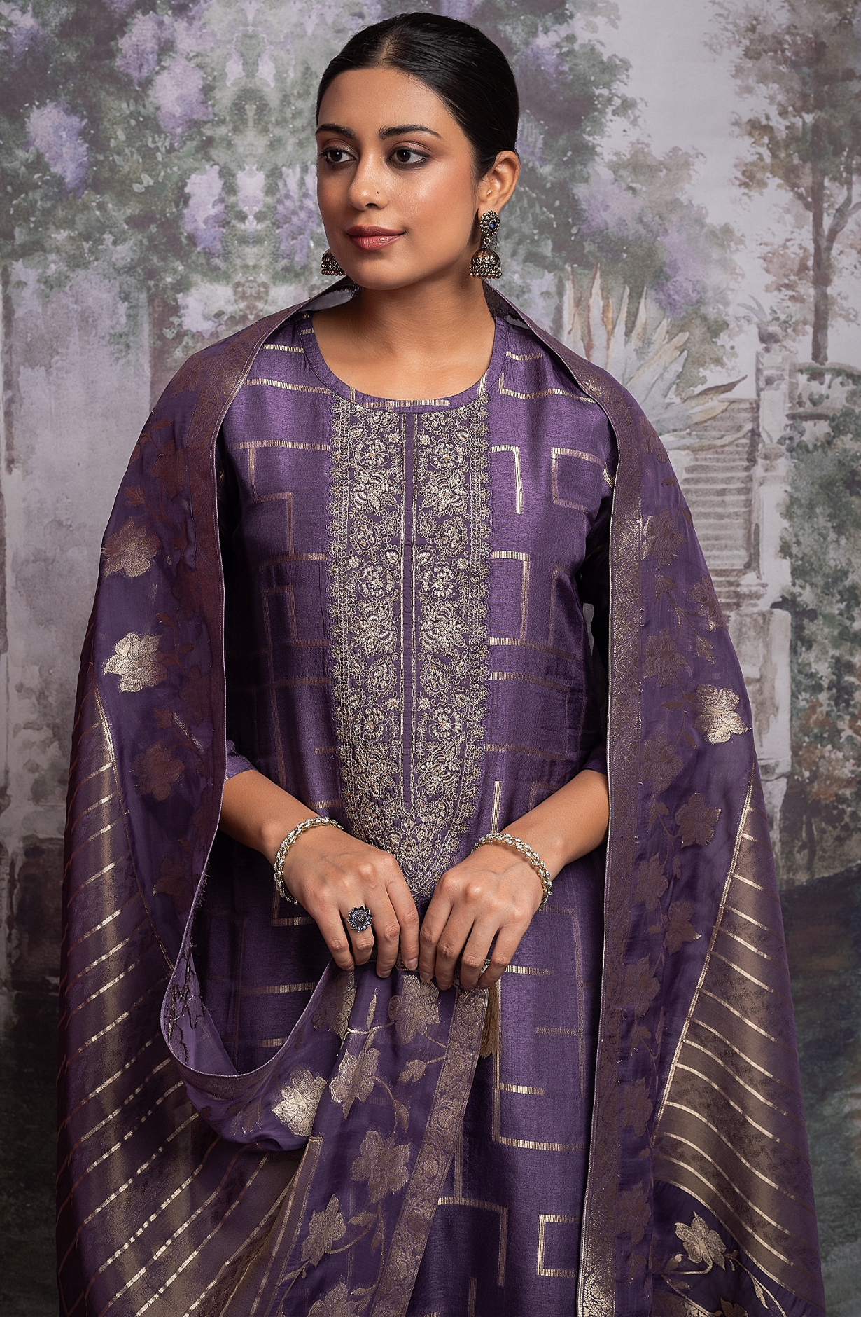 Purple Pure Silk Jacquard with Embroidery Suit Set - AIS2275B
