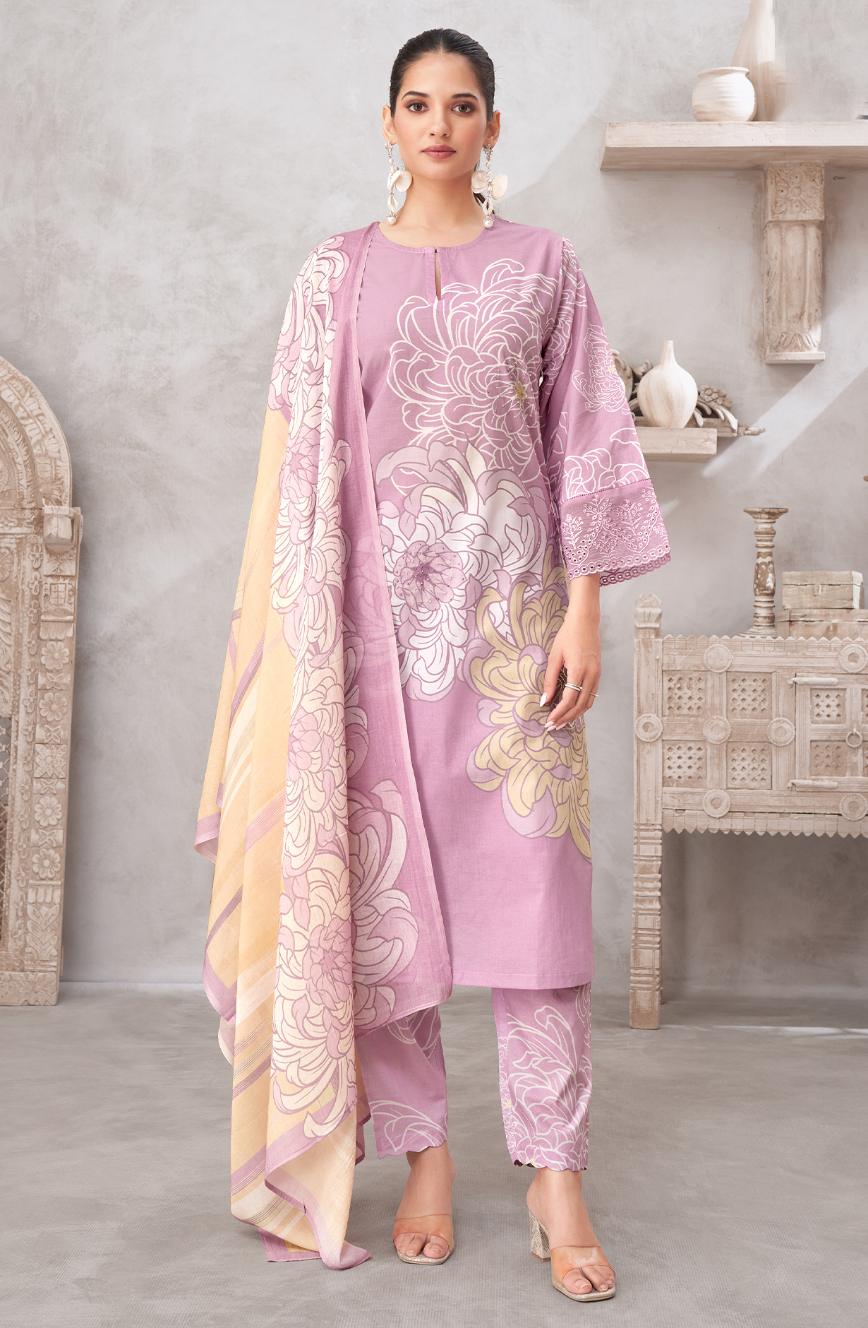 Purple Cotton Digital Printed Unstitched Suit with Embroidery Work - AKS1010