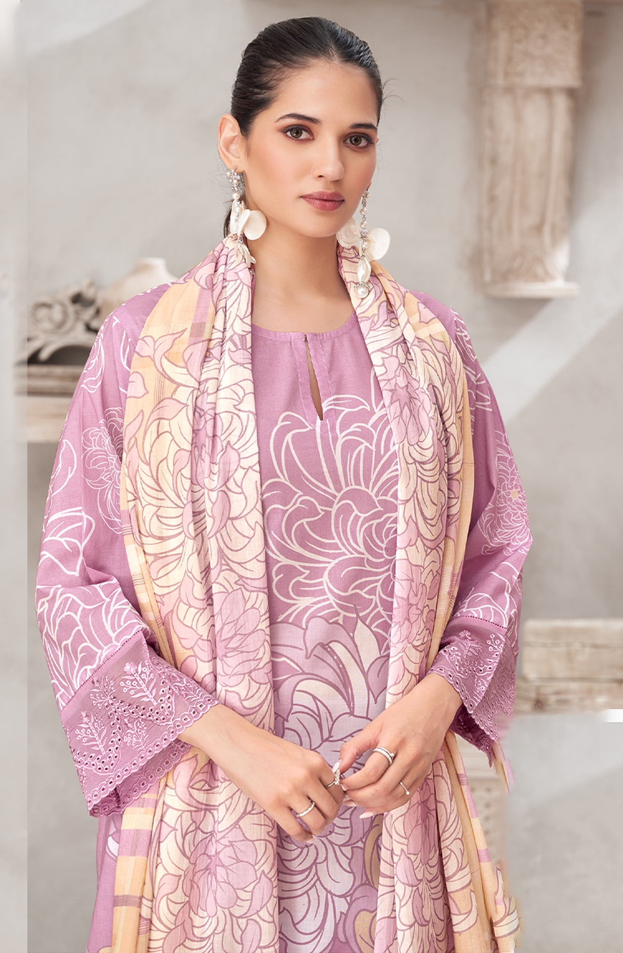 Purple Cotton Digital Printed Unstitched Suit with Embroidery Work - AKS1010