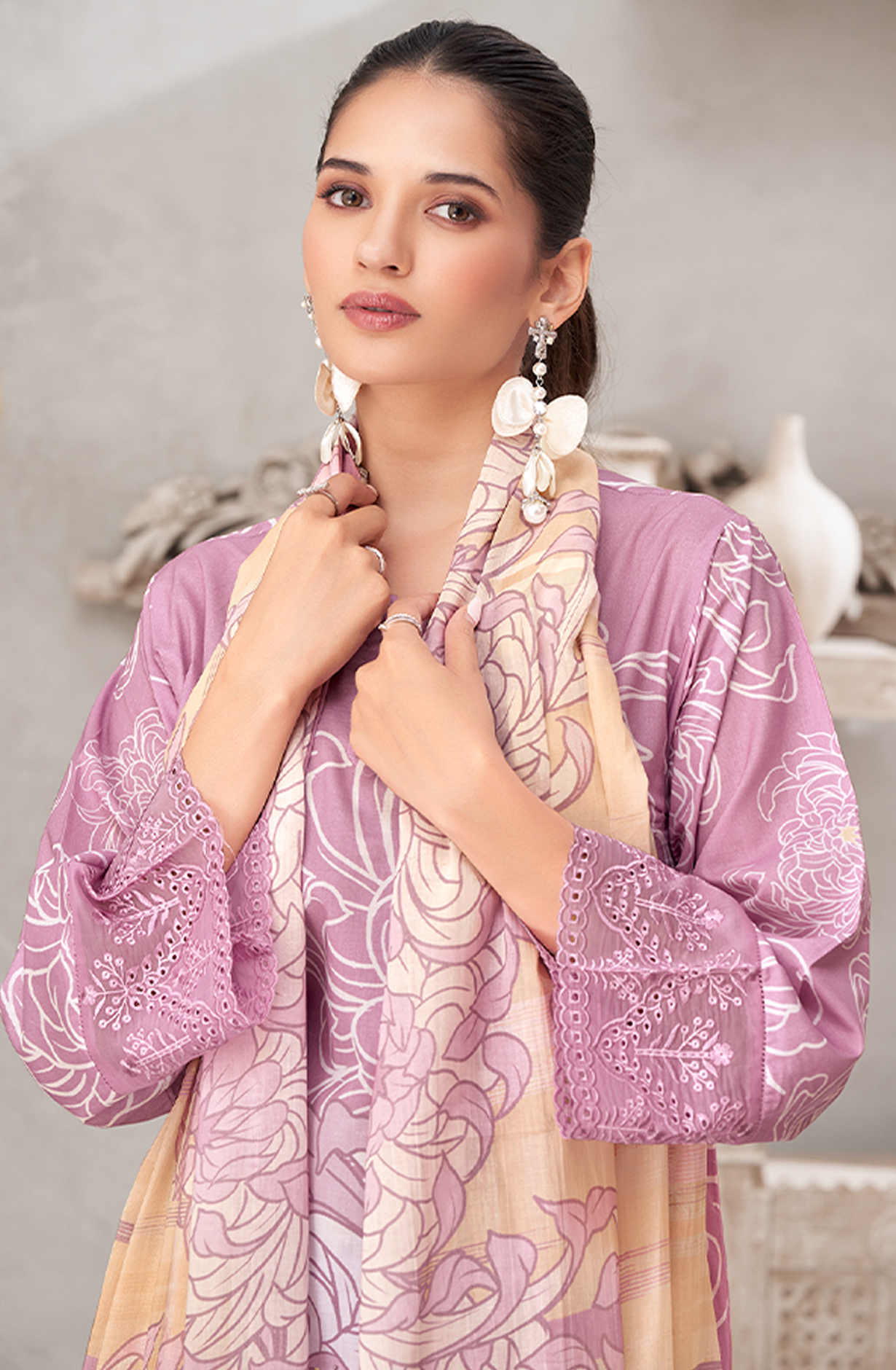 Purple Cotton Digital Printed Unstitched Suit with Embroidery Work - AKS1010