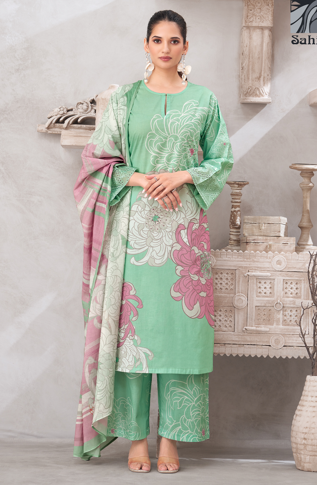Sea Green Cotton Digital Printed Unstitched Suit with Embroidery Work - AKS1033