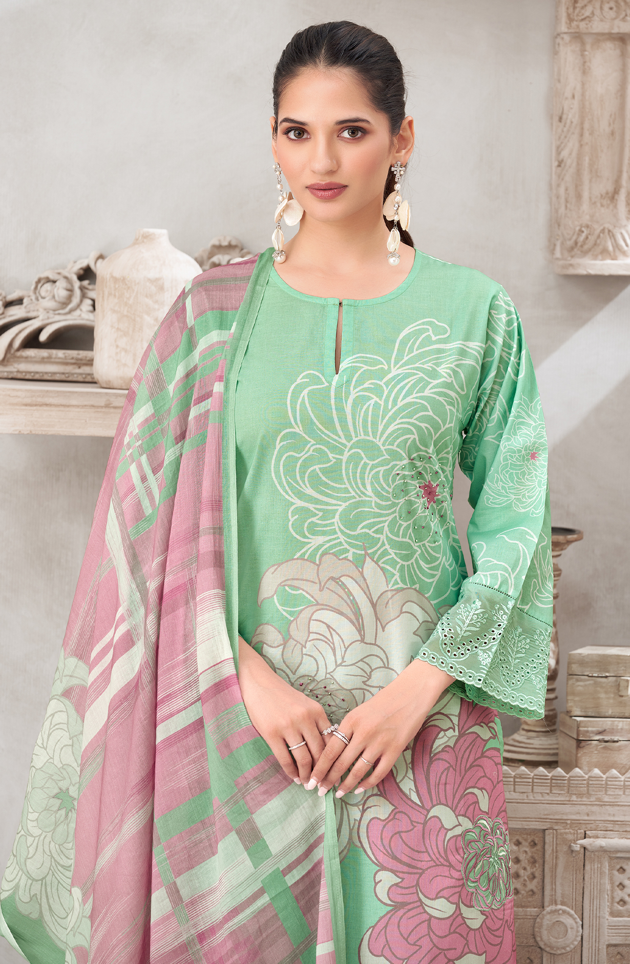 Sea Green Cotton Digital Printed Unstitched Suit with Embroidery Work - AKS1033