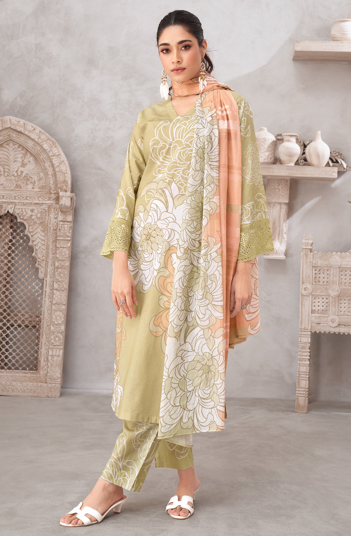 Mehndi Green Cotton Digital Printed Unstitched Suit with Embroidery Work - AKS1057