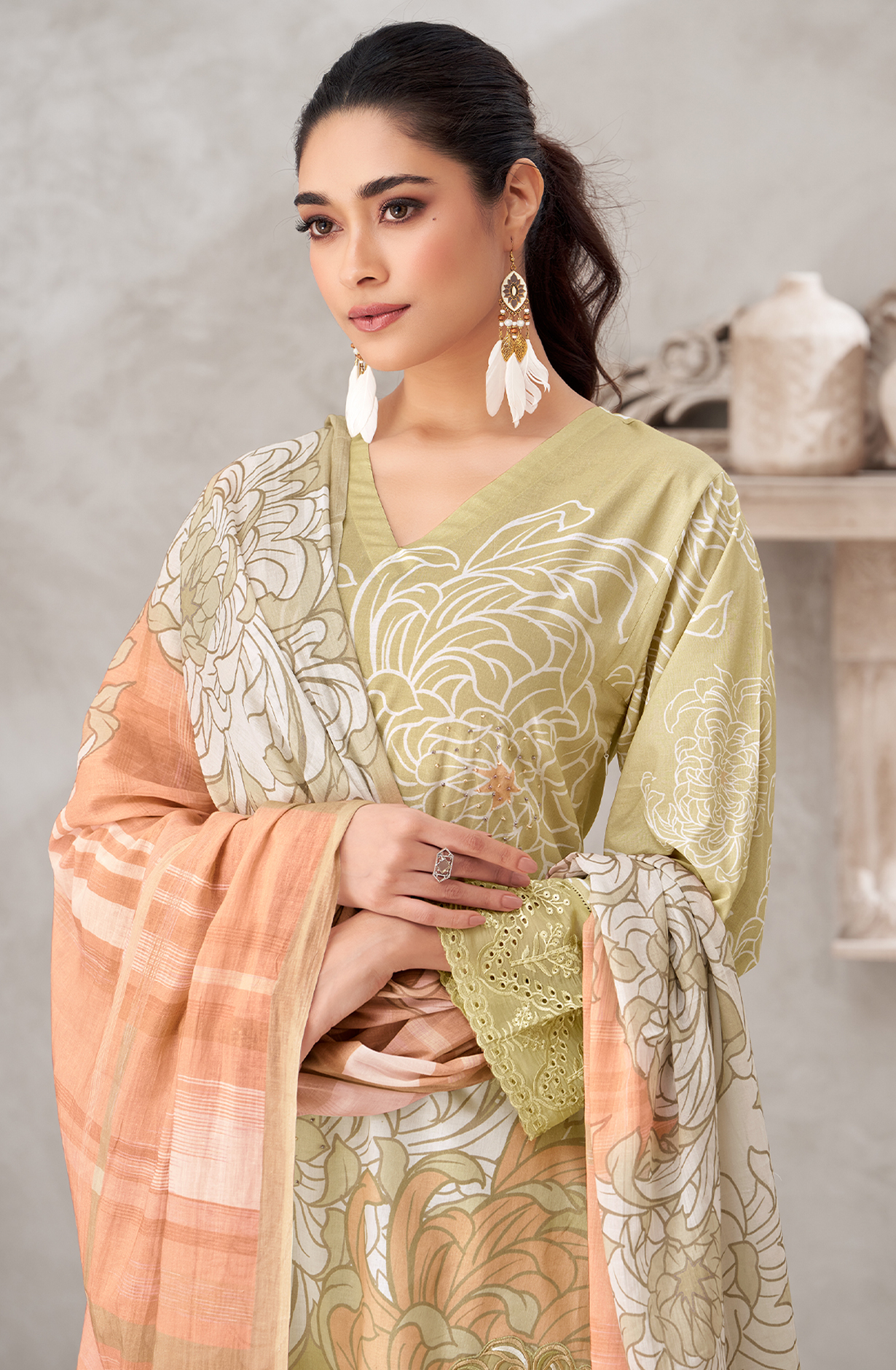 Mehndi Green Cotton Digital Printed Unstitched Suit with Embroidery Work - AKS1057