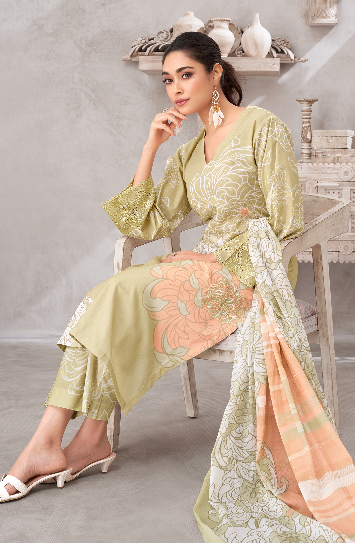 Mehndi Green Cotton Digital Printed Unstitched Suit with Embroidery Work - AKS1057