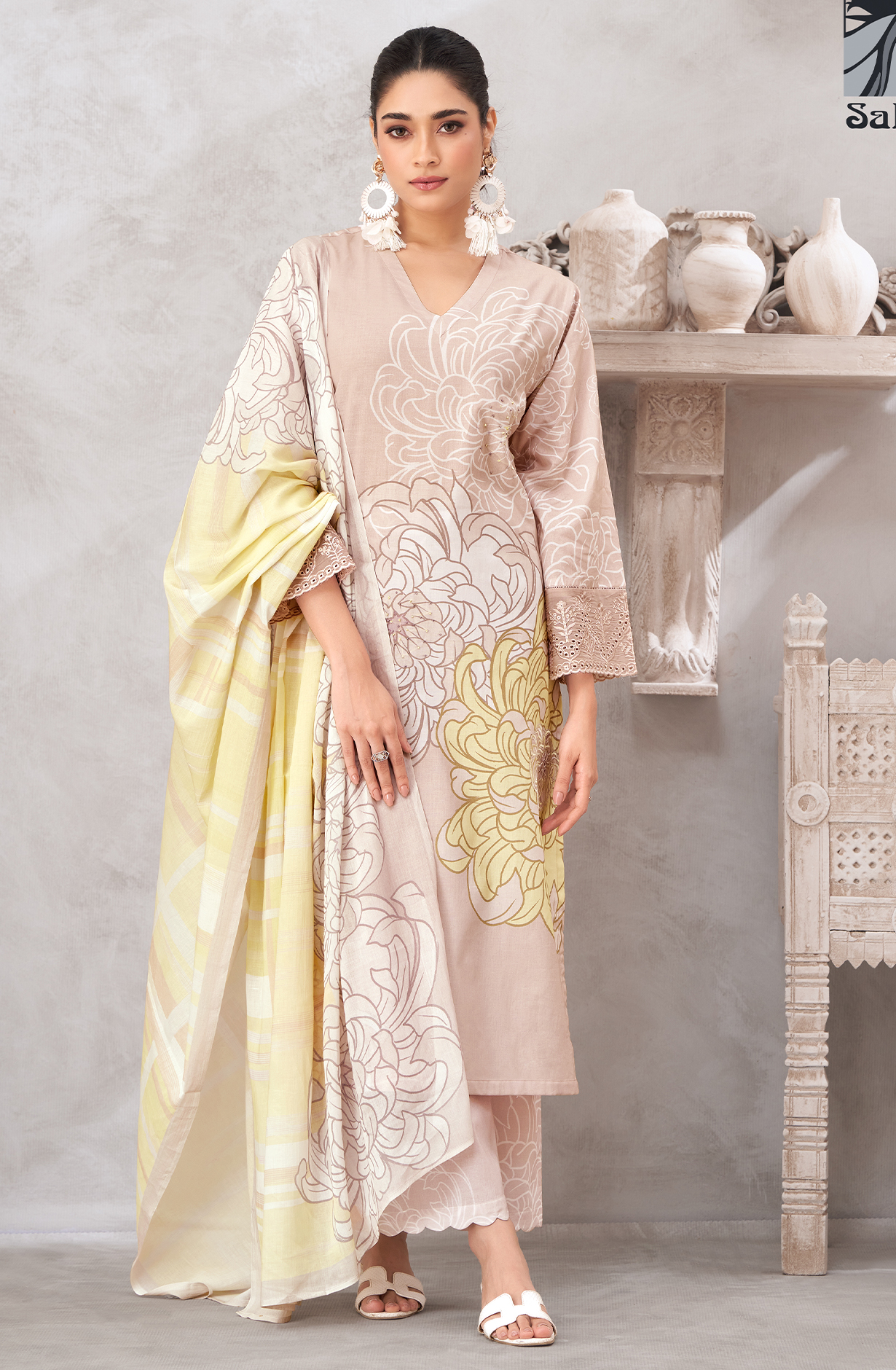 Peach Cotton Digital Printed Unstitched Suit with Embroidery Work - AKS1087