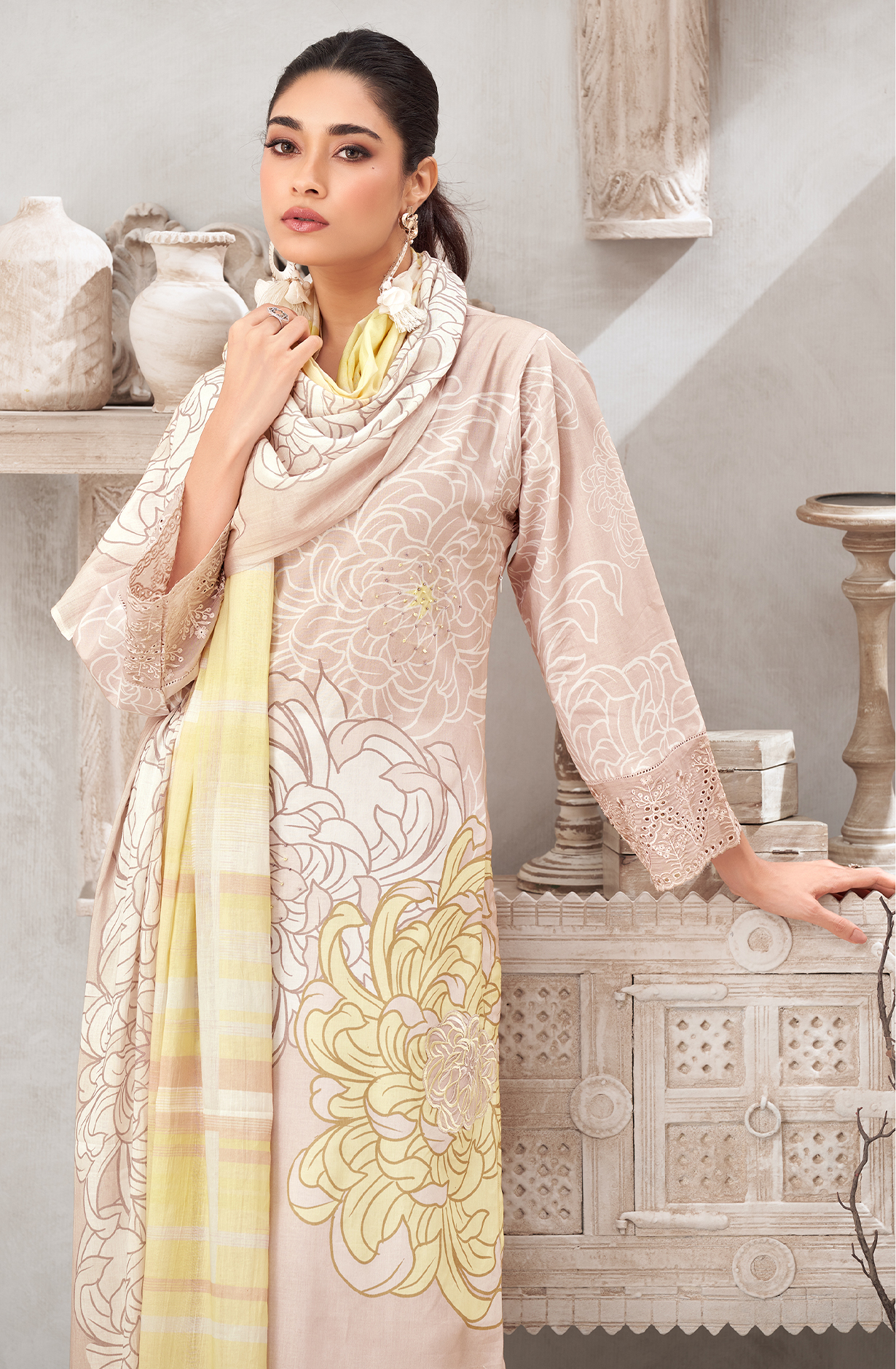 Peach Cotton Digital Printed Unstitched Suit with Embroidery Work - AKS1087