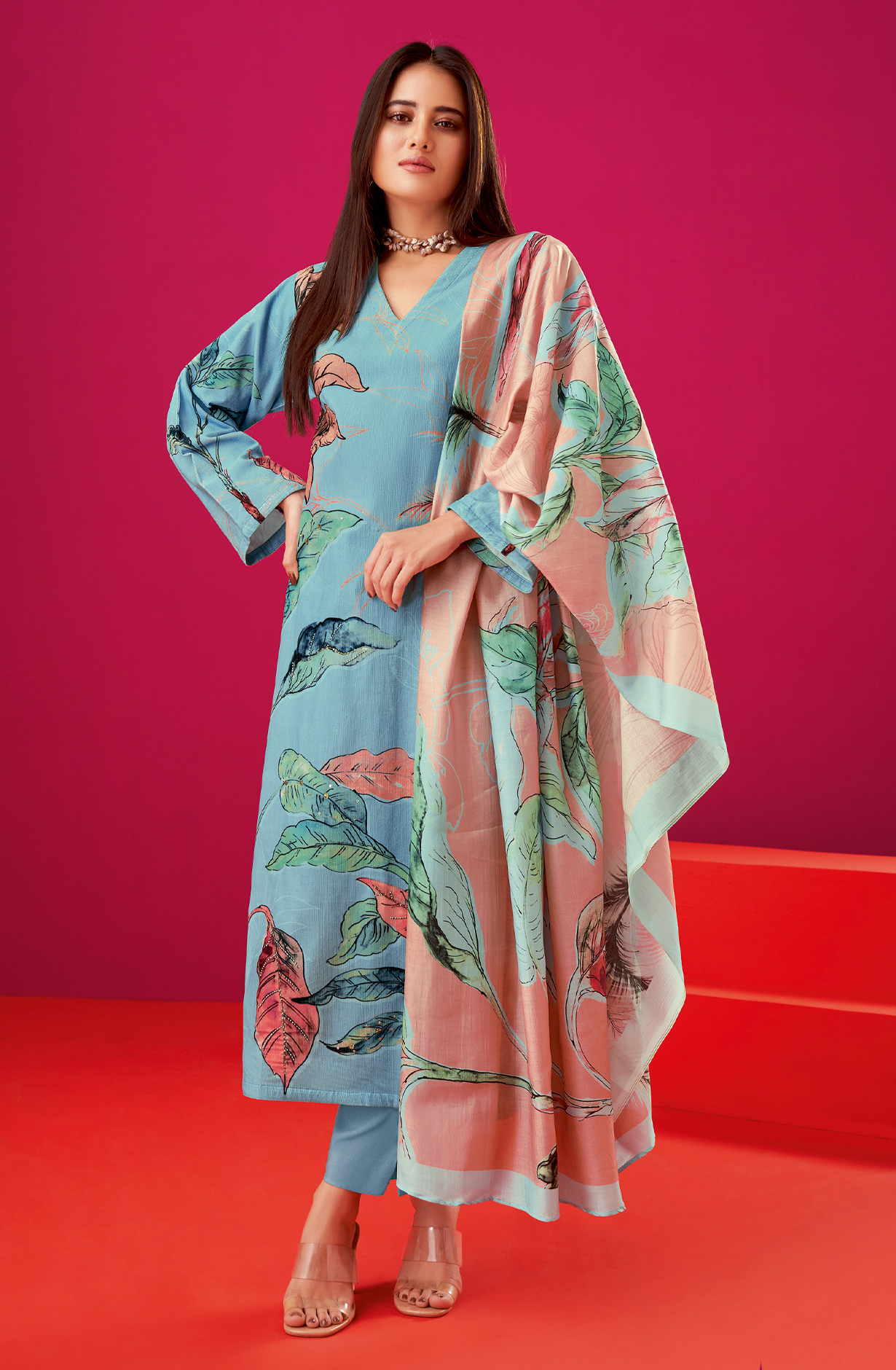 Pastel Blue Cotton Corduroy Unstitched Printed Suit Sets - ALB543