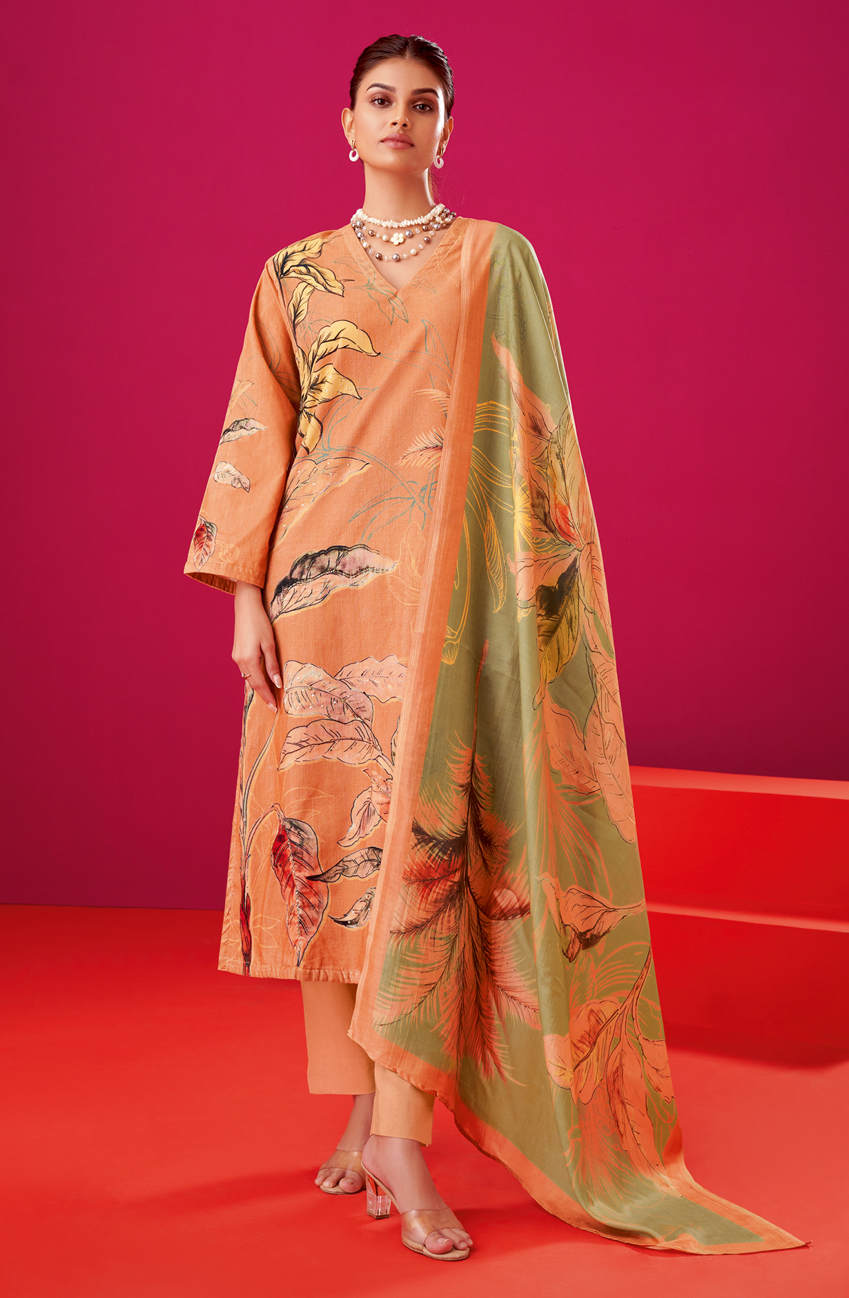 Orange Cotton Corduroy Unstitched Printed Suit Sets - ALB589