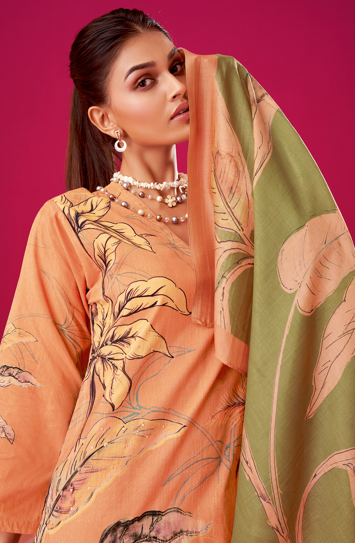 Orange Cotton Corduroy Unstitched Printed Suit Sets - ALB589