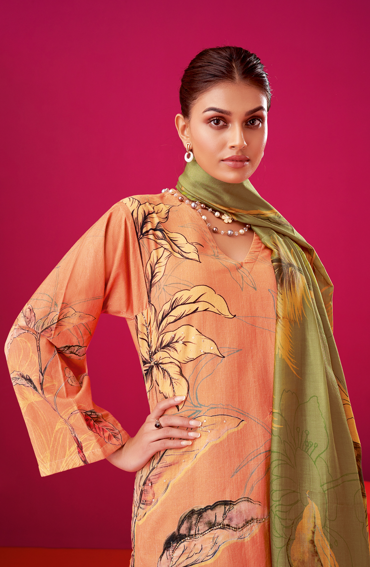 Orange Cotton Corduroy Unstitched Printed Suit Sets - ALB589