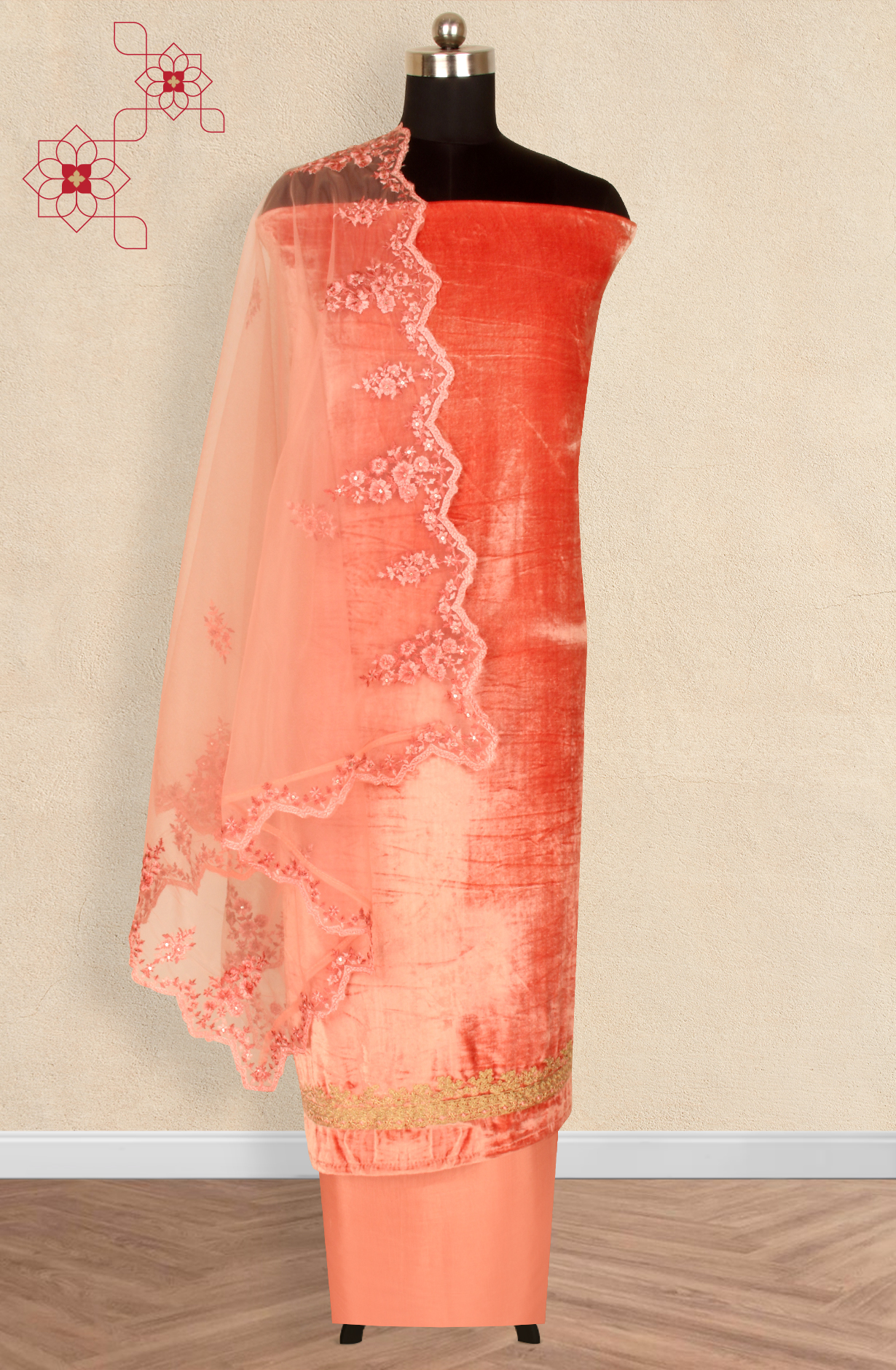 Designer Peach Pure Velvet Unstitched Salwar Kameez - ALI1201