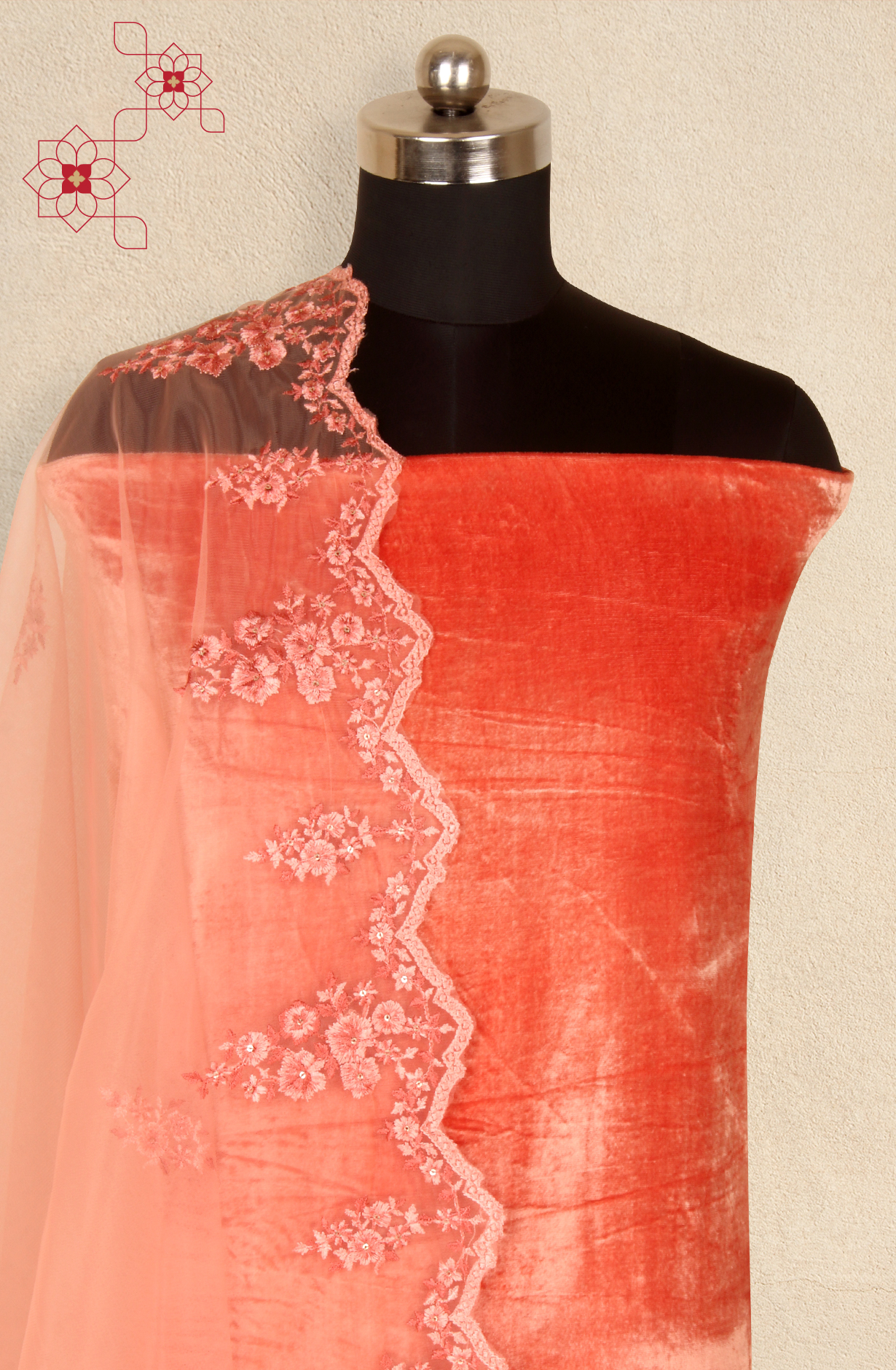 Designer Peach Pure Velvet Unstitched Salwar Kameez - ALI1201