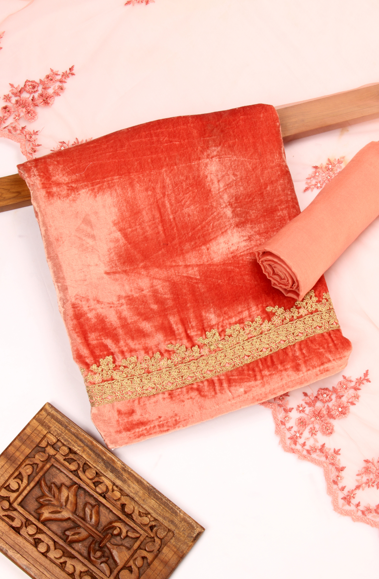 Designer Peach Pure Velvet Unstitched Salwar Kameez - ALI1201