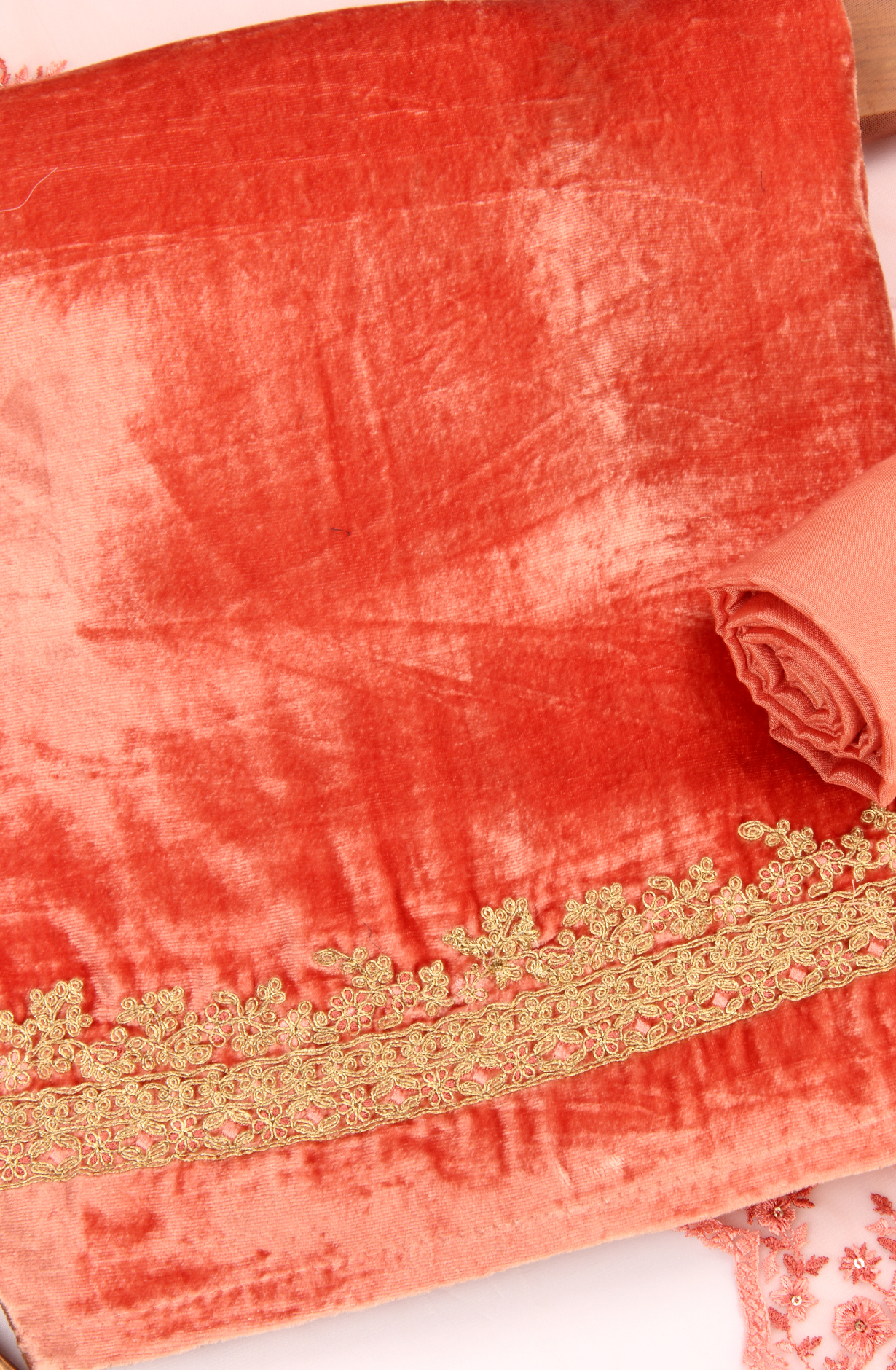 Designer Peach Pure Velvet Unstitched Salwar Kameez - ALI1201